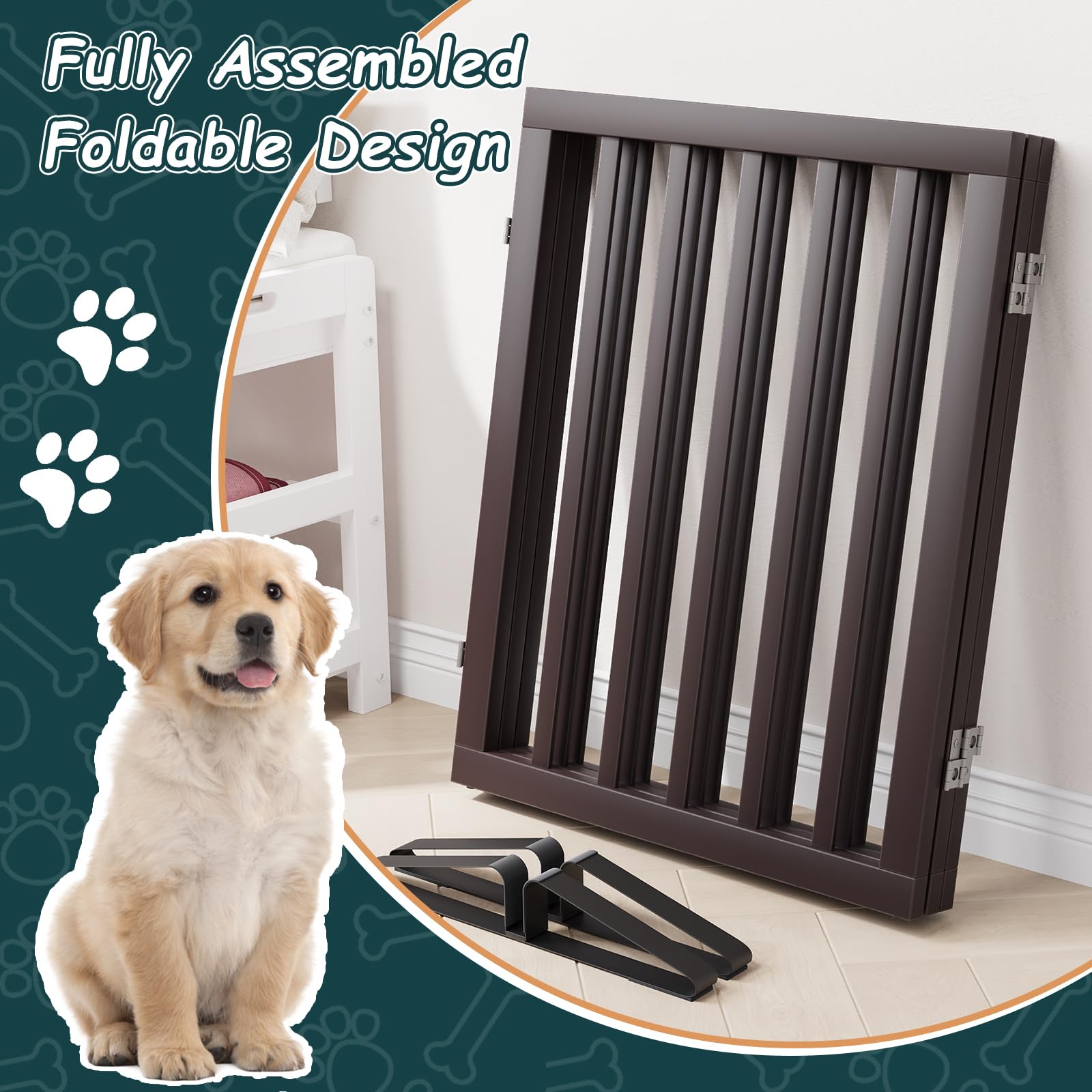 Semiocthome Houten hondenhekken en barrières indoor 3-panel vrijstaande hondenhekken voor het huis met 2 metalen standaards 82 cm (H) opvouwbare huisdierpoort voor trap, deuropening breidt uit tot 140