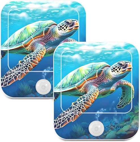 Luces nocturnas de pared, paquete de 2 luces de noche LED de tortuga marina de color (2) sensor de atardecer a amanecer, brillo ajustable de