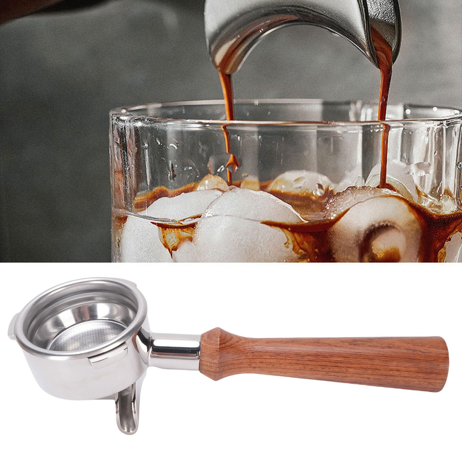 Portafiltro da 58 mm, filtro per caffè a doppio beccuccio in acciaio | Acciaio inossidabile SUS, design a doppio beccuccio, impugnatura in legno, accessorio per macchina per caffè espresso
