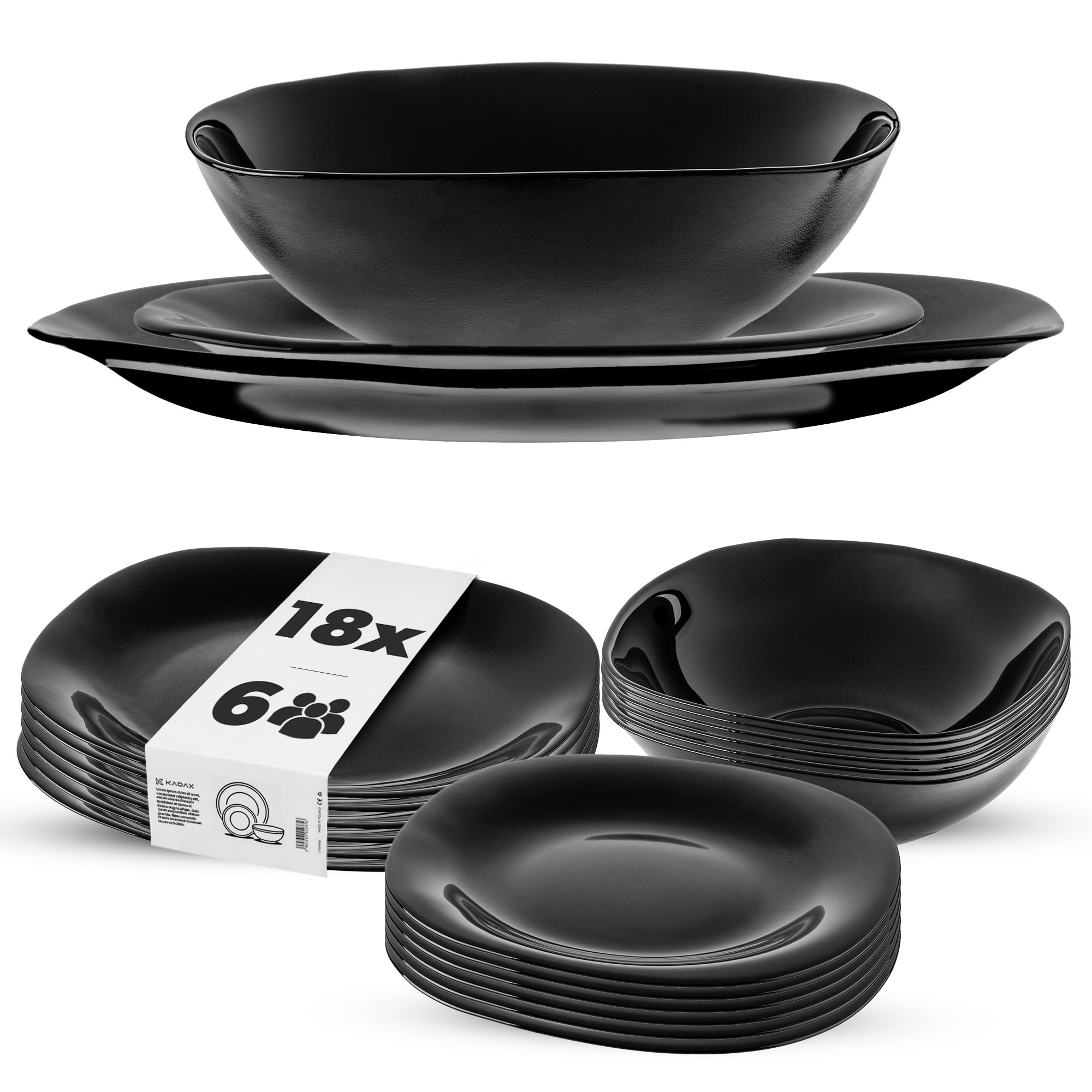 KADAX Set di stoviglie per 6 persone, 18 pezzi, servizio da tavola con piatto fondo, piatto da dessert e piatti piani, stoviglie, set di piatti (nero)