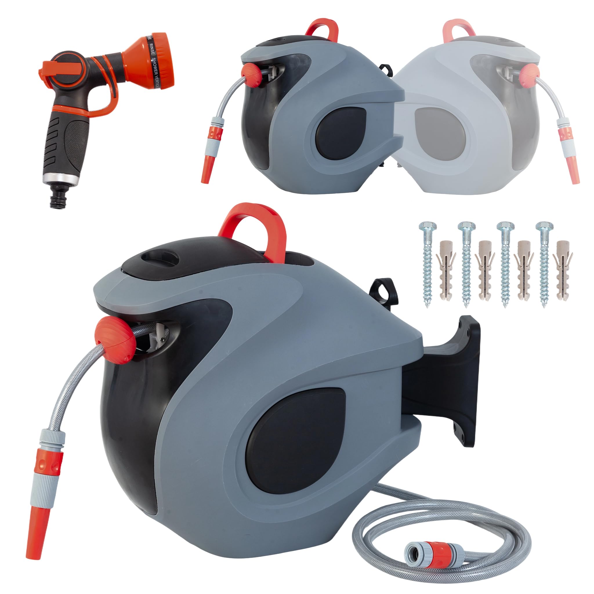 Automatyczny zwijacz węża 30 m z obrotowym uchwytem ściennym – 9-krotny pistolet natryskowy, regulowana blokada powrotu, odporna na promieniowanie UV i mróz, kompletny zestaw do ogrodu, szary/czerwony