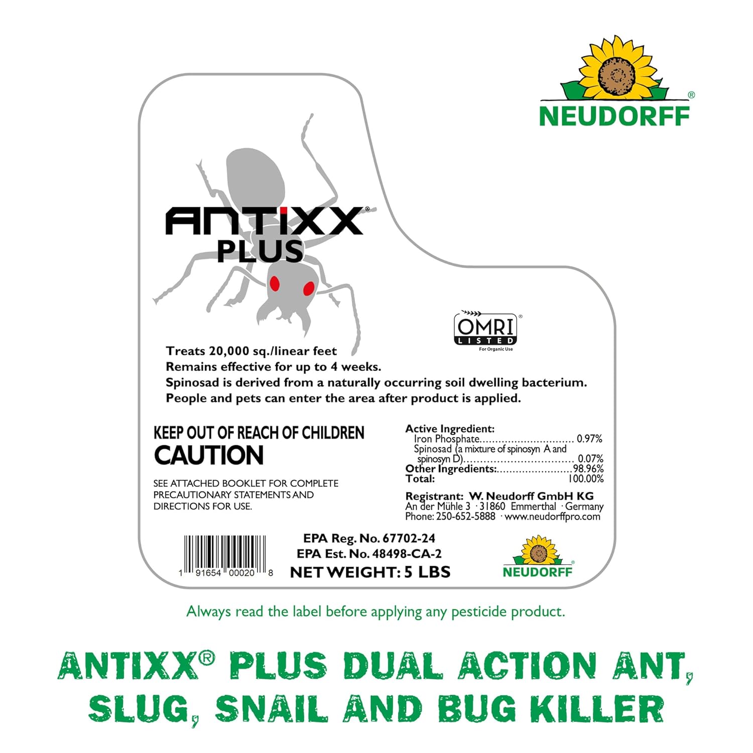 Neudorff ANTIXX Plus Ant & Insect Control Granules for Ants, Crickets, Cutworms, Earwigs, Pillbugs, Slugs, Snails and Sowbugs for Organic Gardening