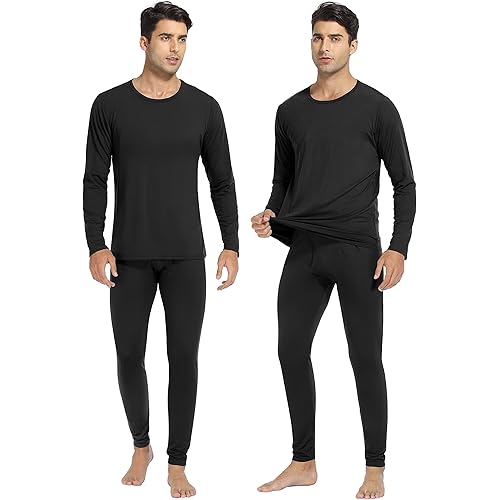 URATOT 2 Sets Men's Thermal Underwear Set Fleece Lined Thermal Underwear Soft Long Johns Top Bottom Set for Men Cold Winter