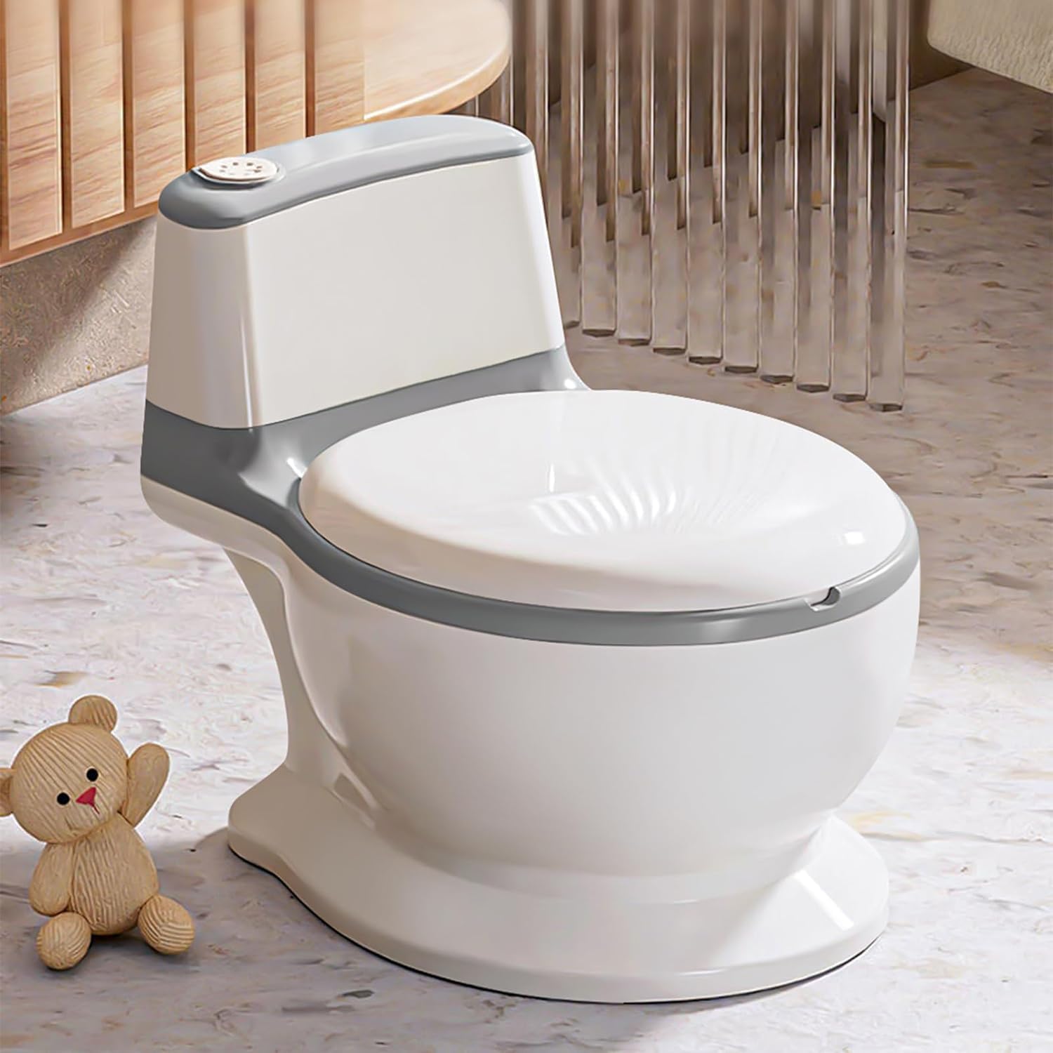 Kids Potty Training Seat Baby Safety Toilet Training Toddler Children Non-Slip Lifelike Soft PU Seat & Splash Guard, Children Infant Toilets Toddlers Pottie with Lid Back (Gray)