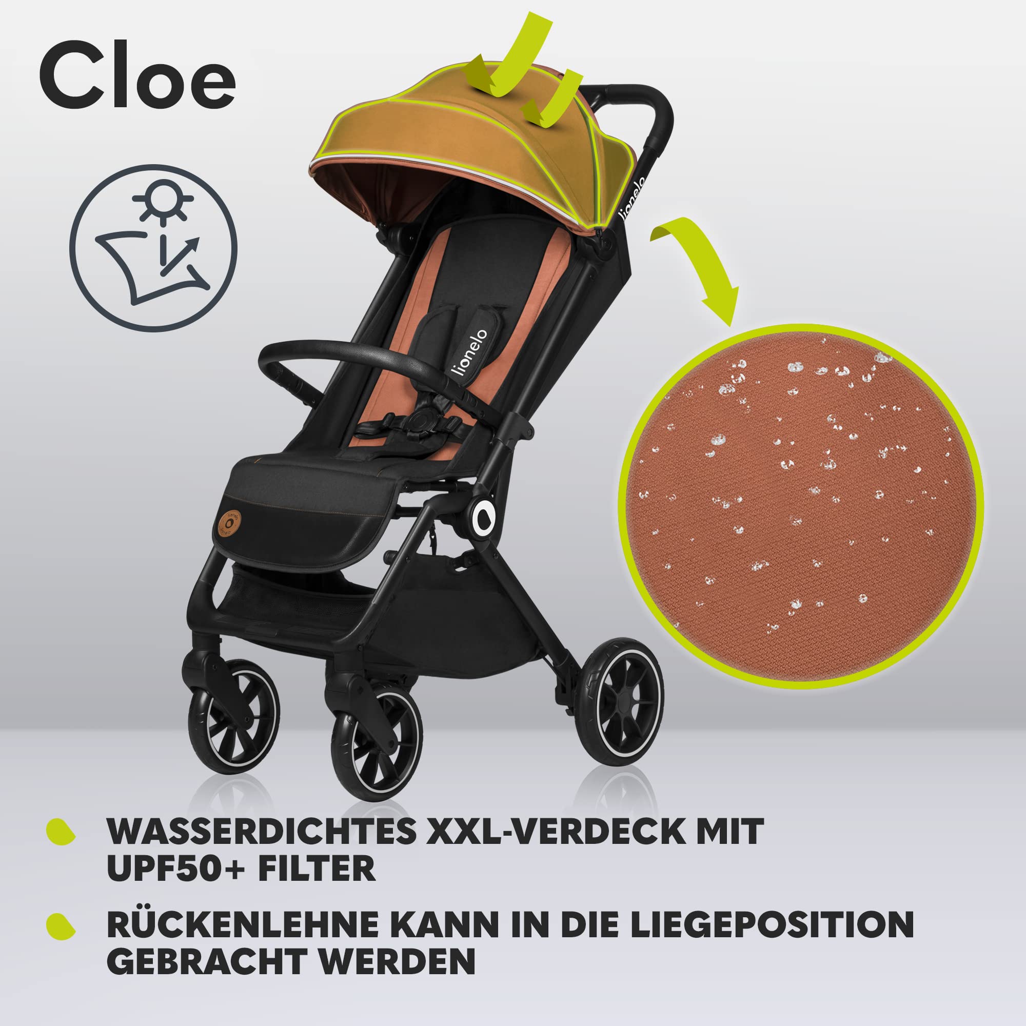 LIONELO Cloe Zusammenklappbarer Kinderwagen bis zu 22 kg, Verstellbare Rückenlehne Schlaffunktion, 5-Punkt-Gurt Große Schwenkräder Moskitonetz Becherhalter Leichtgewicht Kompakt Wasserdicht (Braun)