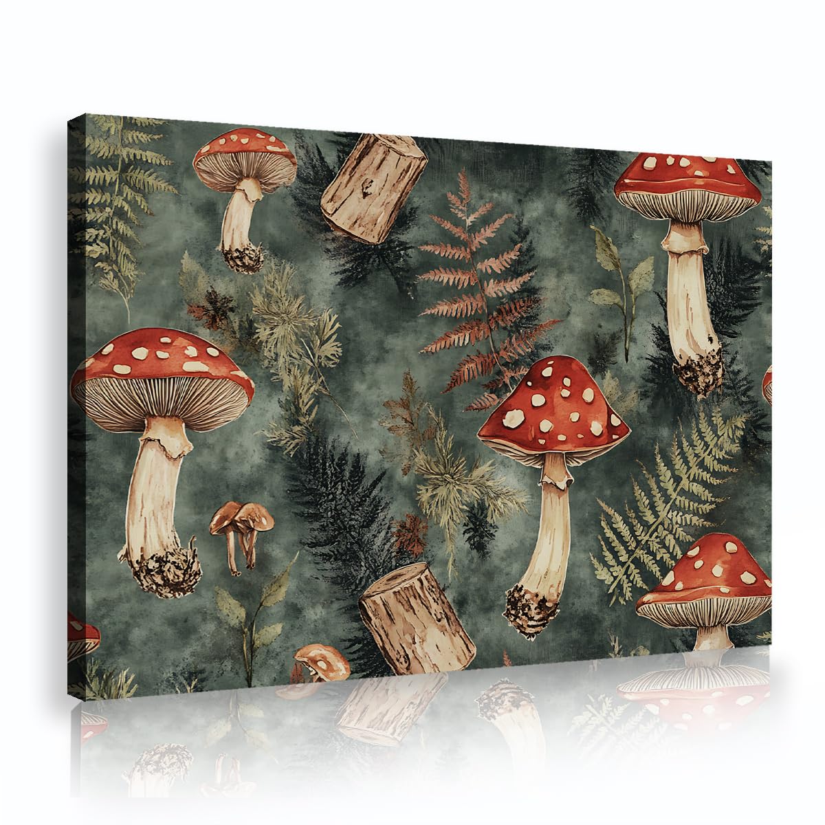TOANGWALL Red Mushroom Poster Forest Fern Leaves Framed Painting Vintage Botanical Canvas Wall Art Dark Green Woodland Pictures For Lounge Study Decor 80x120cm