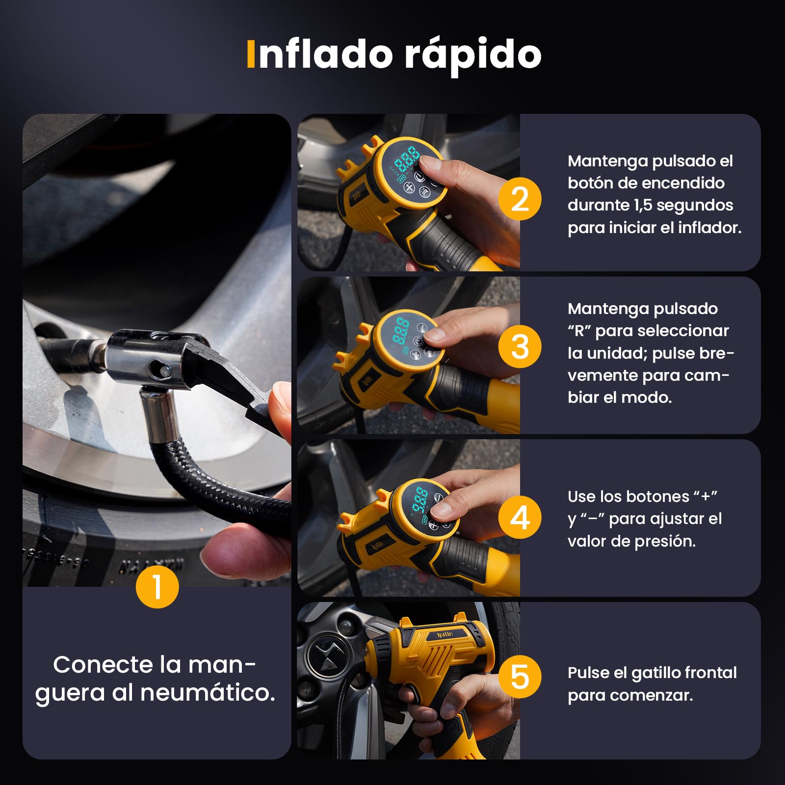 Ipflin Inflador Ruedas Coche 150PSI - 22L/min Compresor Aire Portátil Recargable, Inflador Eléctrico Inalámbrico con Pantalla Digital y Luz LED, 4 Modos Preestablecidos para Coche/Bicicleta/Moto/Balón — view 11