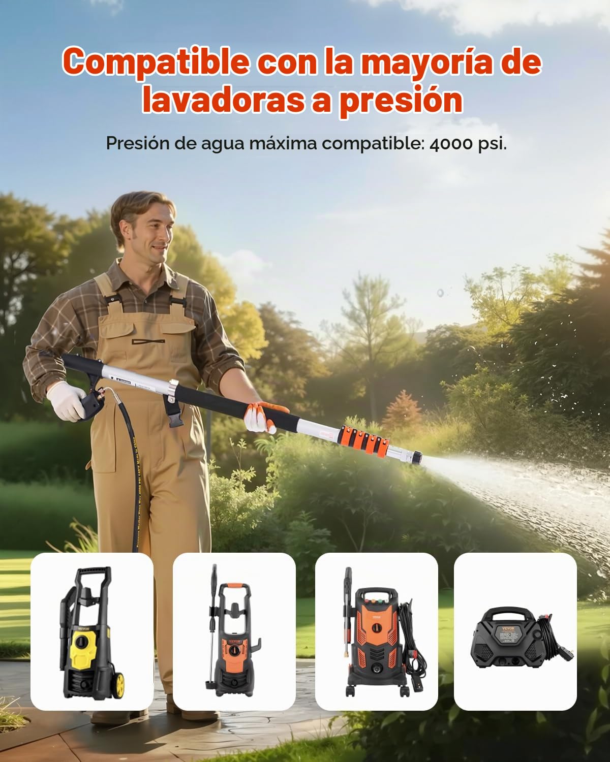 VEVOR Varilla Telescópica para Hidrolavadora, 4000 PSI, Limpiador de Canaletas, Cabezal de Cepillo, 5 Puntas de Boquilla Rociadora, Adaptador y Cinturón de Soporte Ajustable, 175 x 60 x 1393 mm