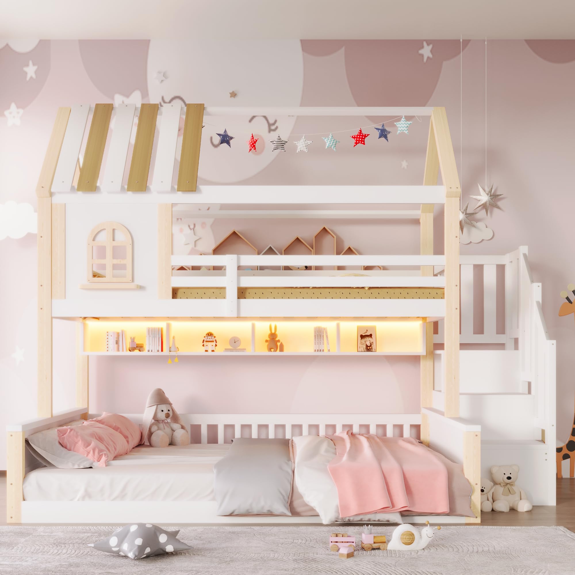 Litera de 90(140) x200 cm con LED y Diseño de Casa, Cama Infantil con Compartimentos Abiertos y Escalera Almacenaje, Cama Litera Matrimonio con Protección Anticaída, Sin Colchón, Blanco+Natural