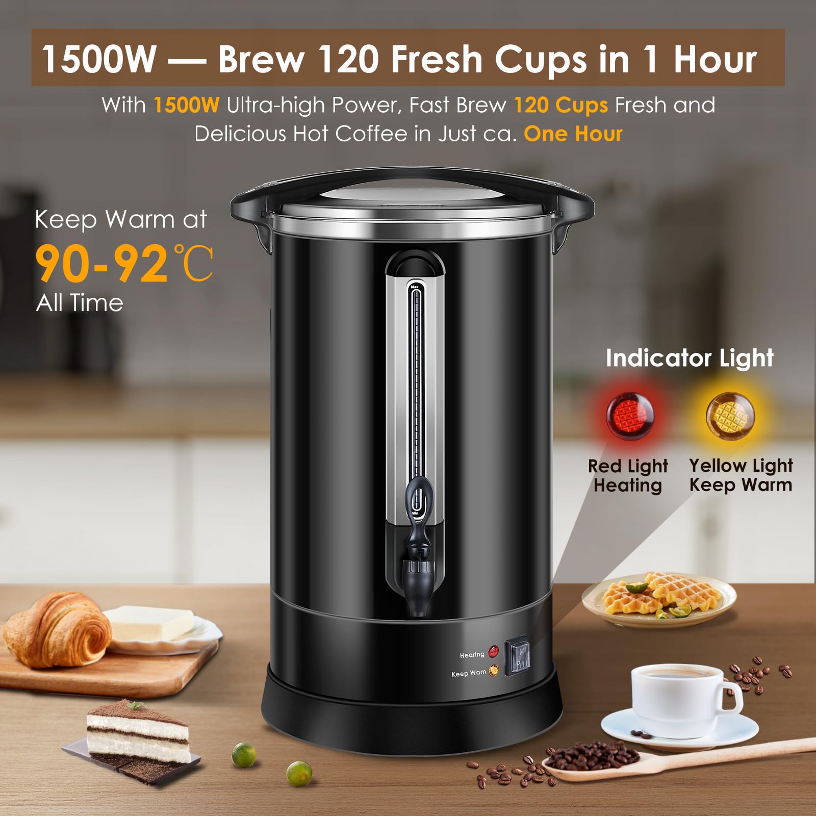 Homtone Cafetera con filtro redondo, 120 tazas/18L, cafetera grande de acero inoxidable de doble pared con grifo, ideal para fiestas, dispensador de agua caliente para café y té, 1500 W (Negro)