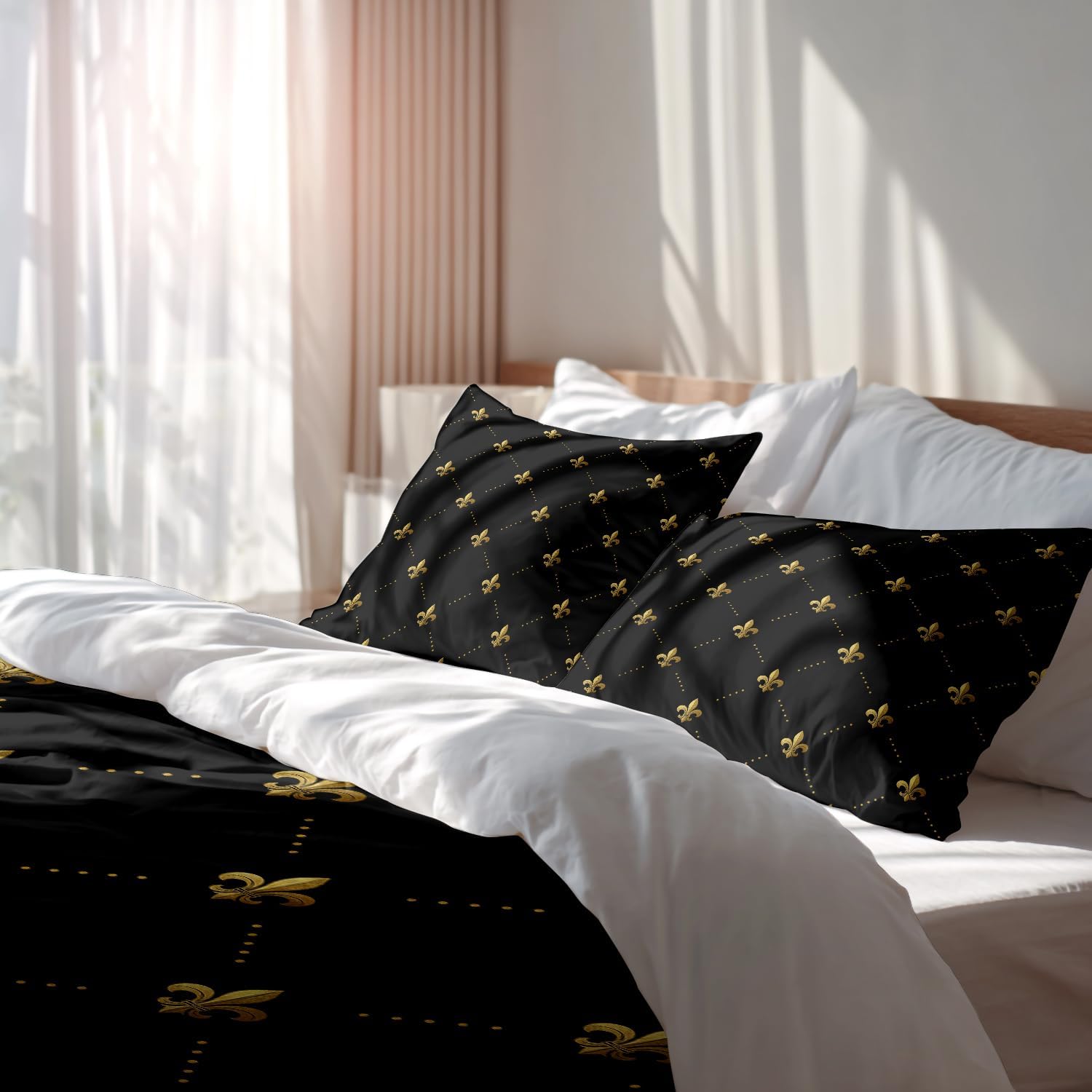 Batmerry Black French Fleur De Lis King Size 3 Pieces Bedding Duvet Cover Sets,Soft Fluffy Golden Pastoral Flowers Pattern Printed Duvet Cover for All Season