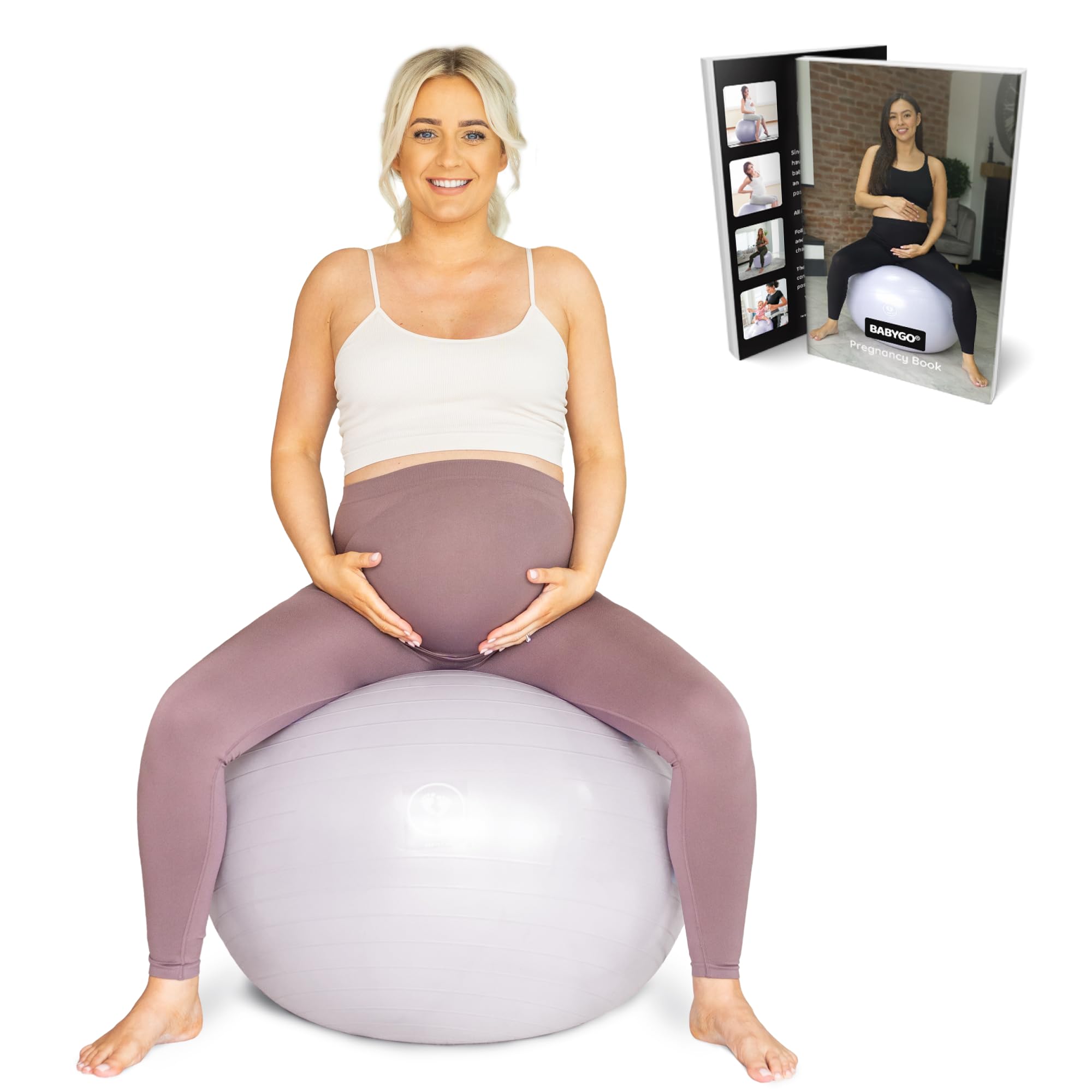 BABYGO Geburtsball – Schwangerschafts-Yoga, Arbeit & Gymnastikball & Buch Set Trimester-Ziel, Mutterschaftsphysio, Geburt & Genesungsplan inklusive Anti-Burst-umweltfreundliches (Pearl, 75cm)