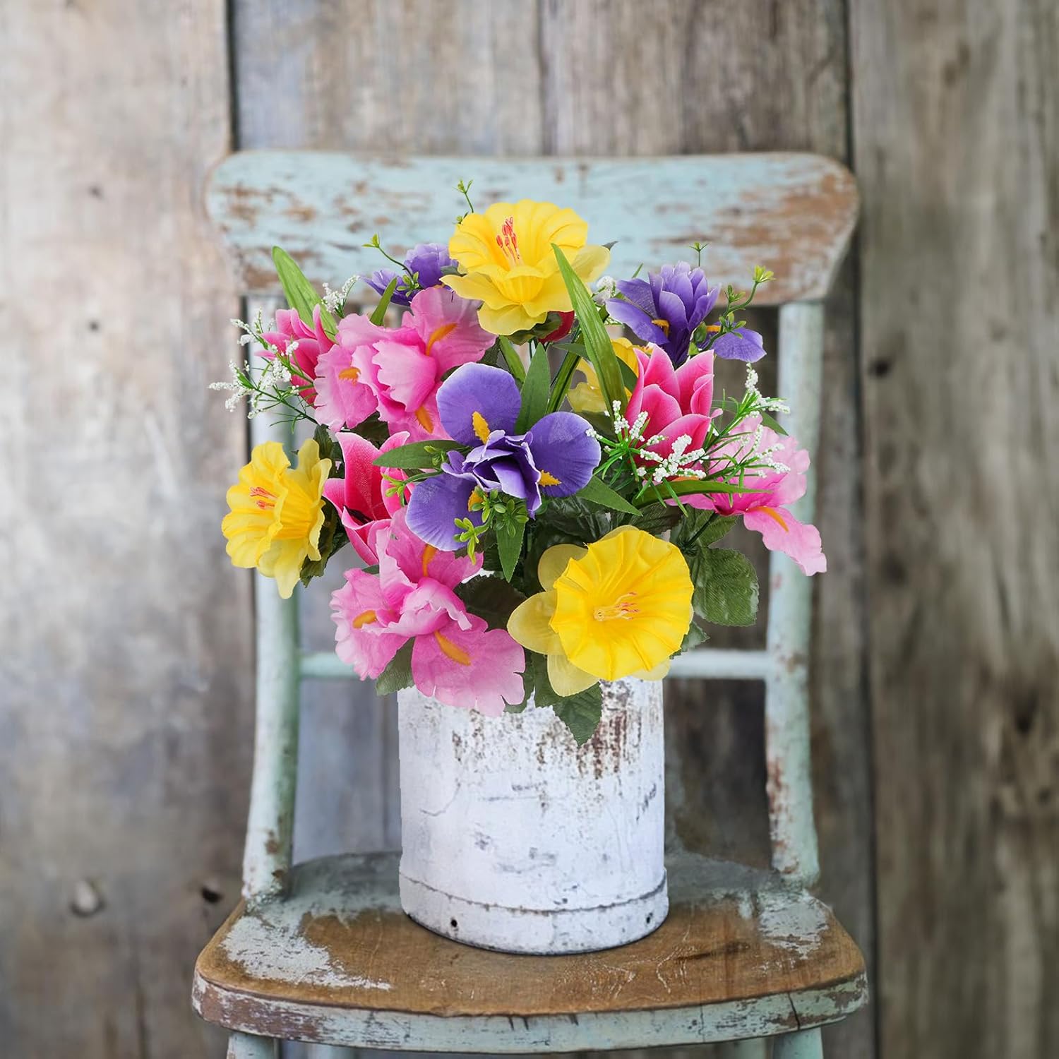 14 Stems Artificial Daffodils Flowers Bouquet Mixed Fake Tulips Flowers 17" Bush Faux Silk Spring Floral Arrangements Grave Cemetery for Home Kitchen Table Centerpiece Indoor Decoration (2PCS)