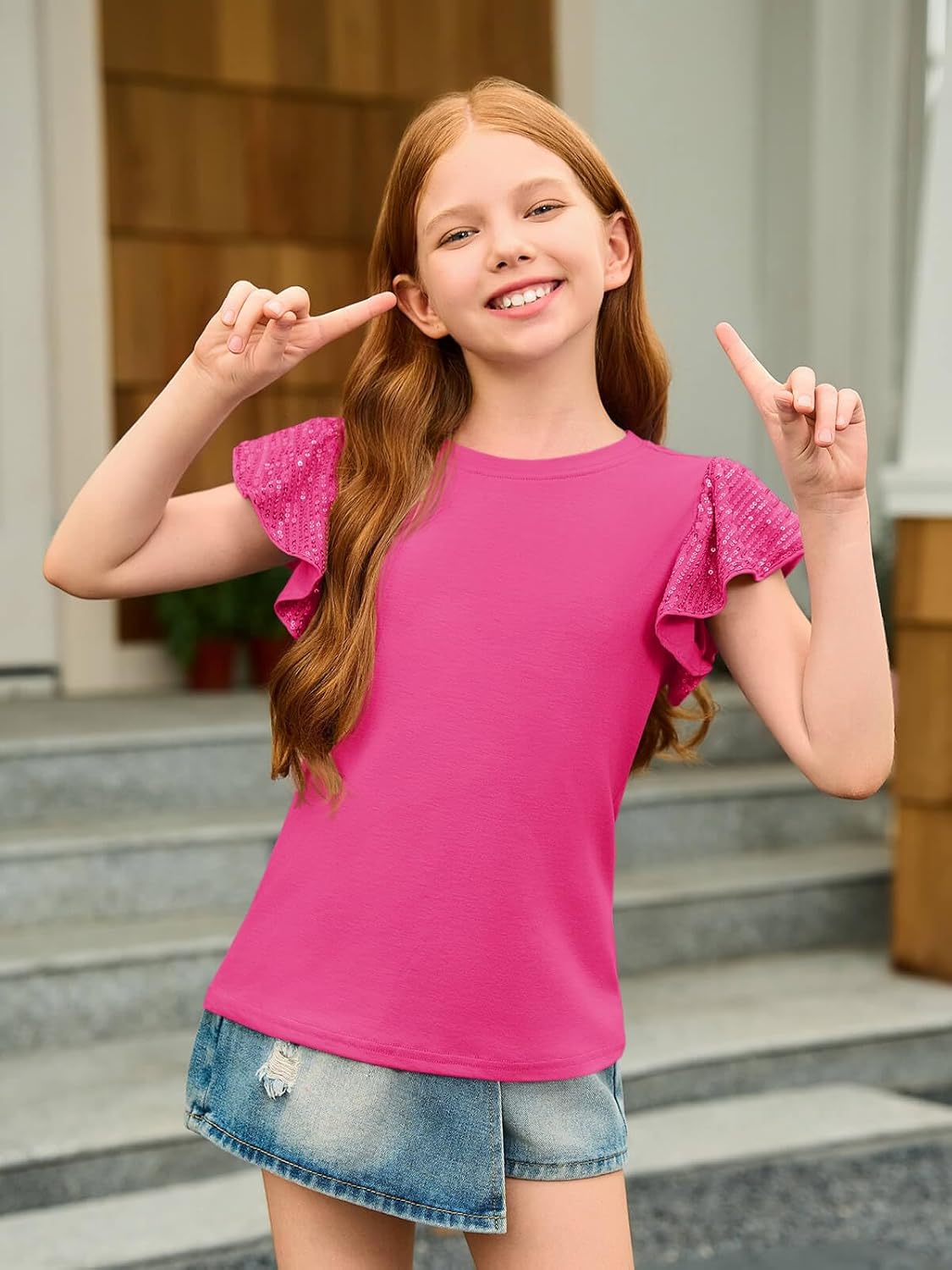 Haloumoning Girls Ruffle Short Sleeve T Shirts Sequin Casual Cute Crewneck Tops Blouses 5-14Y - Image 3