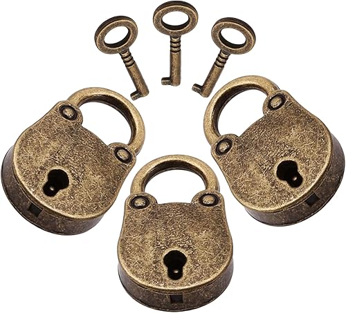 Candado de bronce de estilo antiguo vintage de 3 piezas, pequeño candado de metal estilo arcaize, con llave para caja de joyería, caja de