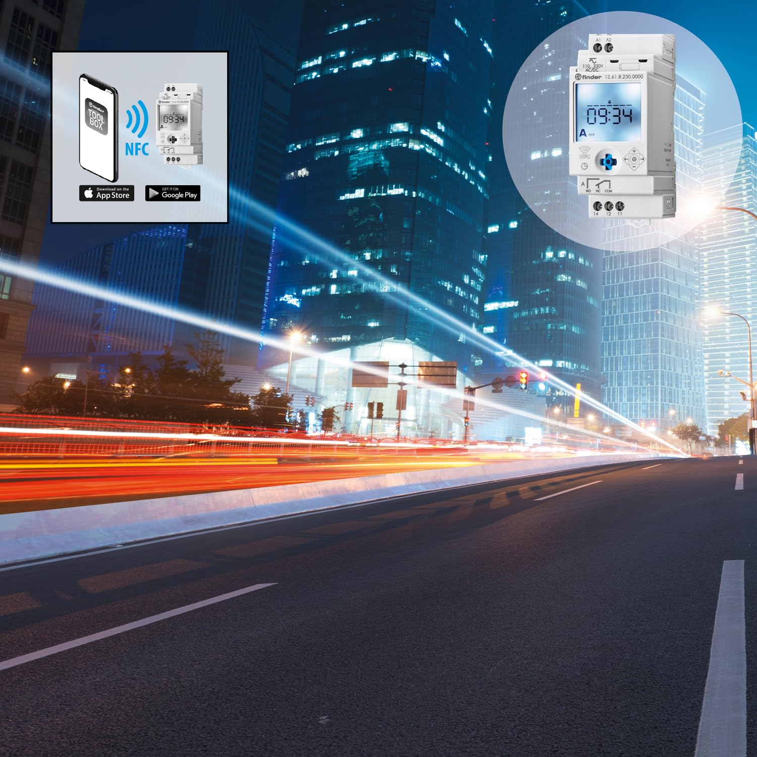 Finder Interruttore Orario Digitale NFC Settimanale Tipo 12.61. Dotato di 1 contatto di scambio 16 A. Con display LCD. Modalità di programmazione classica/smart