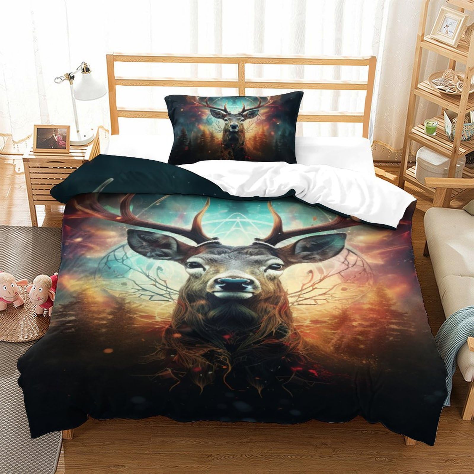 Housse de couette Wapiti 3D parure de lit single 135x200 avec taies d'oreiller