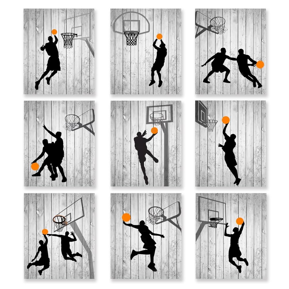 SUPERDANT 9pcs Póster de arte de BaloncestoLienzos decorativos artísticas Wandbilder Deko de Baloncesto, póster sin Marco, decor de habitación para Hombres,Adolescentes, cuadros para dormitorios
