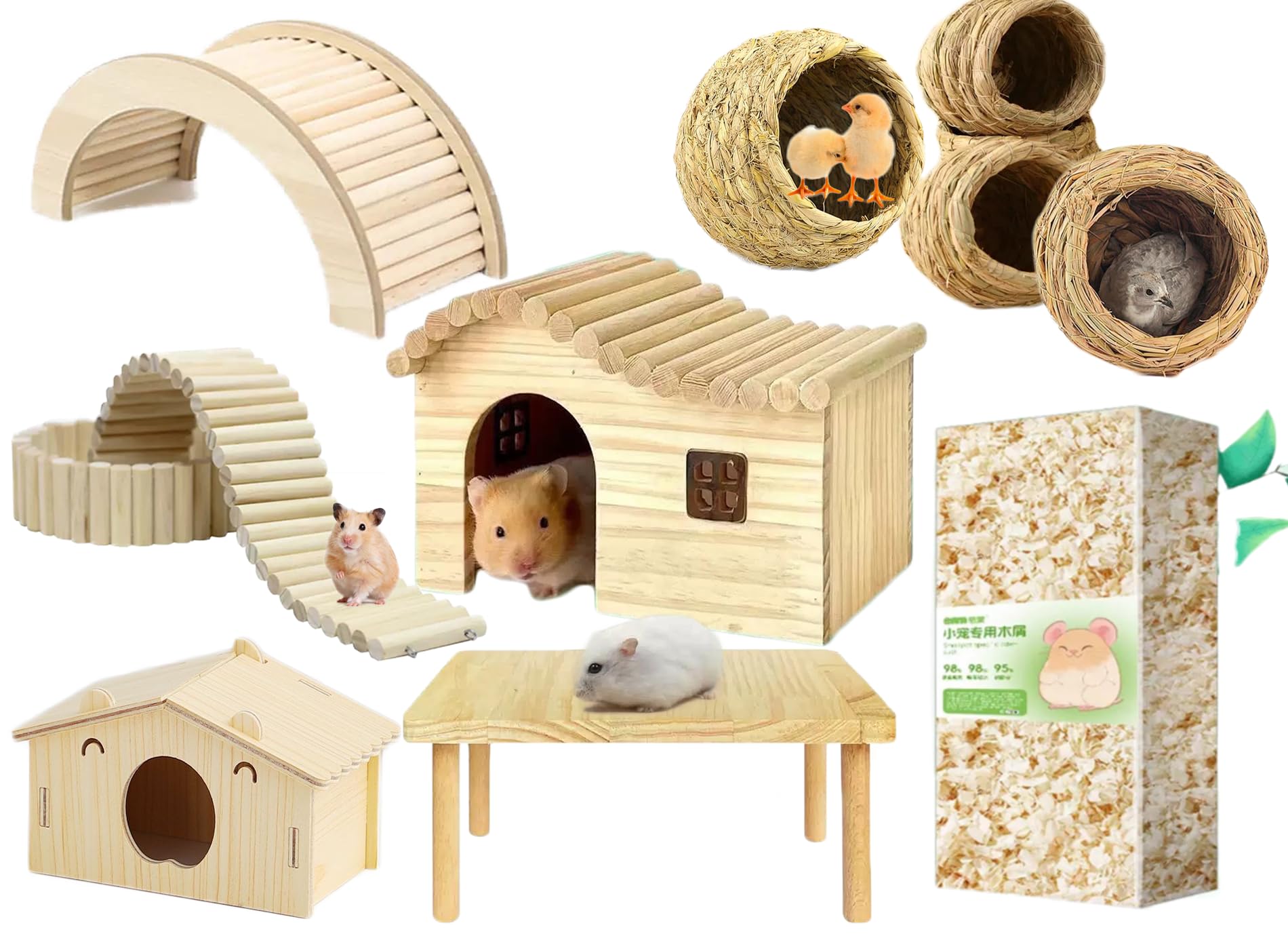 Moderna gabbia per criceti di pino, per casa, giochi e paesaggi nella cassetta dei bambini. Contiene sei pezzi, casa, tavolo, recinzione, nido di uccelli, ponte in legno, segatura, 8 pezzi (set