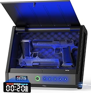Gun Safe, Biometric Gun Safes with USB C Port, Pistol Safe Fingerprint Quick Access Handgun Safe for Bedside, Nightstand, Car with LCD Display of Time Battery - HOLEWOR