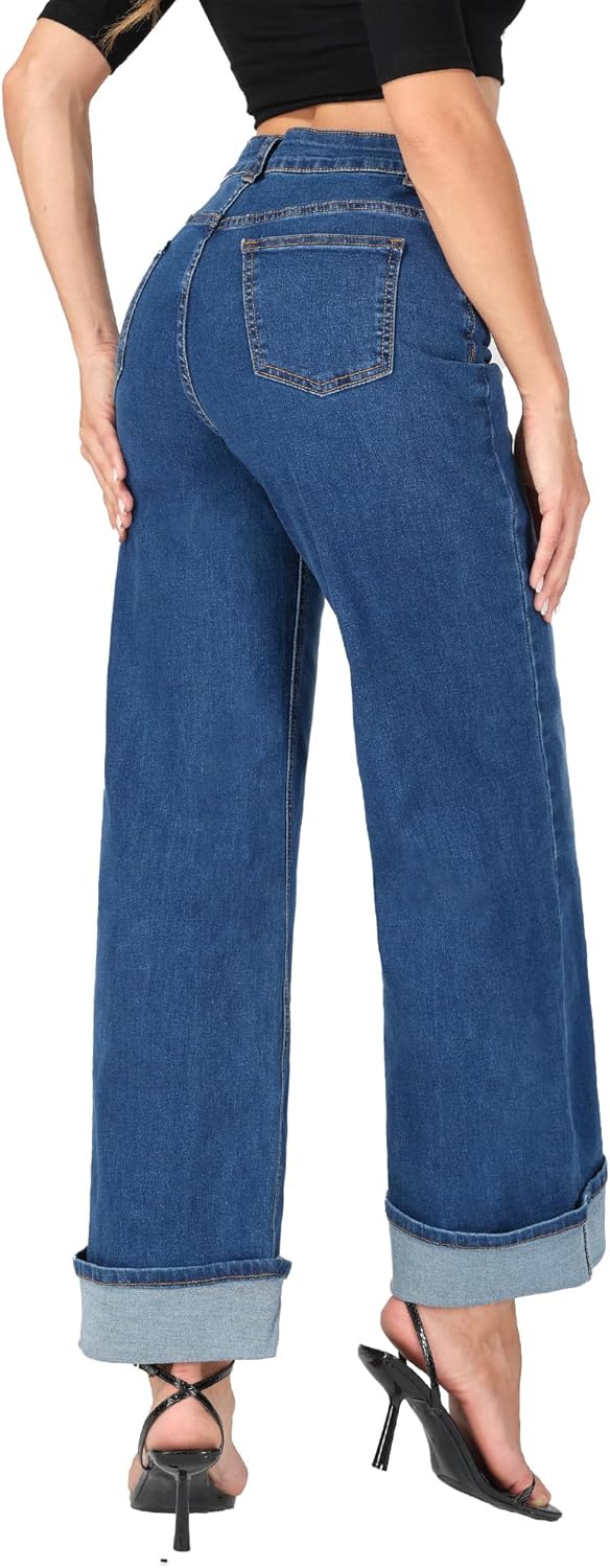 Wide Leg Jeans Woman Stretchy Cuffed High Waisted Baggy Jeans Loose Denim Pants - Image 3