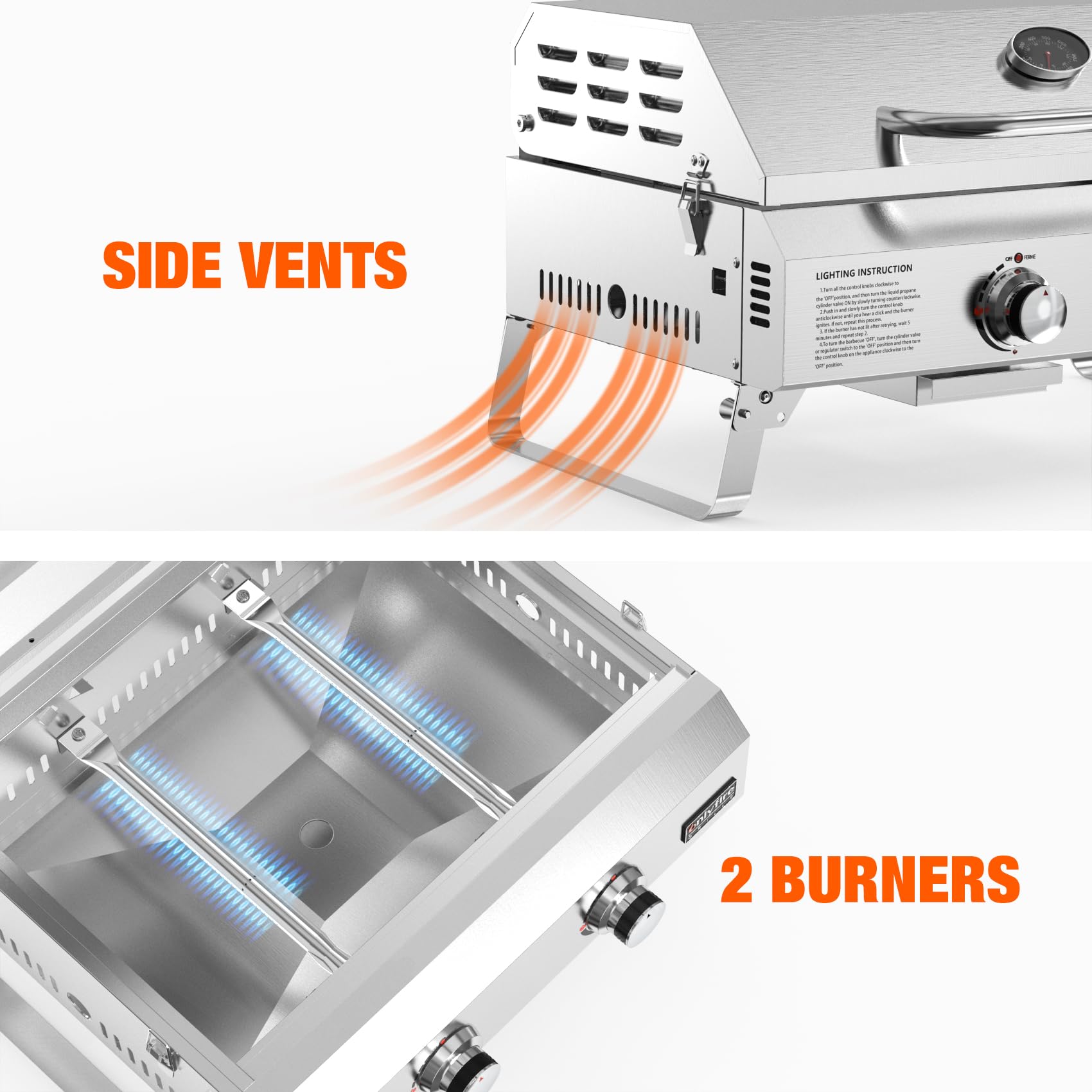 onlyfire Tischgasgrill 2 Edelstahlbrennern, Tischgrill mit Deckel, Grillrost, Thermometer, Kleiner Gasgrill für Balkon Camping Garten, 4.7 kW, Grillfläche 46x35cm, BBQ Tragbarer Tisch Gasgrill