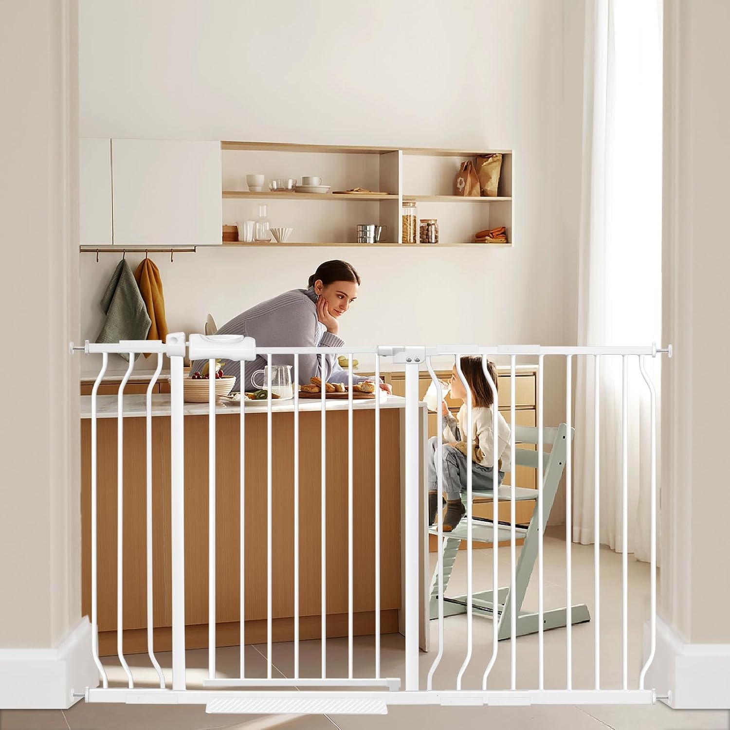 Extra Wide Baby Gate Tension Indoor Safety Gates White Metal Large Pressure Mounted Pet Gate Walk Through Long Safety Dog Gate for The House Doorways Stairs (52.76"-57.48"/134-146CM, White) 52.76-57.48 Inch (Pack of 1) White
