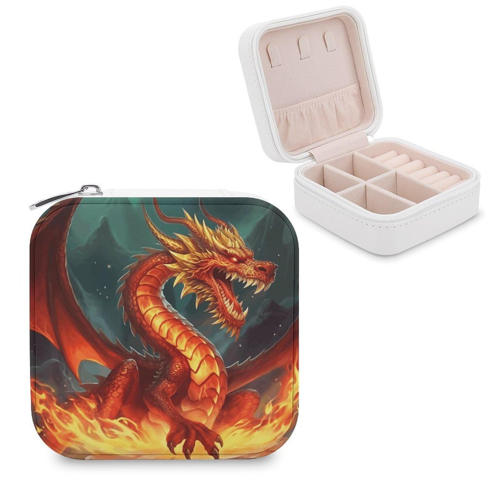 MUSM Dragon King in Fire Travel Jewelry Case Personalized PU Leather Jewelry Boxes for Women Small Portable Jewelry Organizer Box Cute Trinket Box for Necklaces Rings Earrings & Gifts