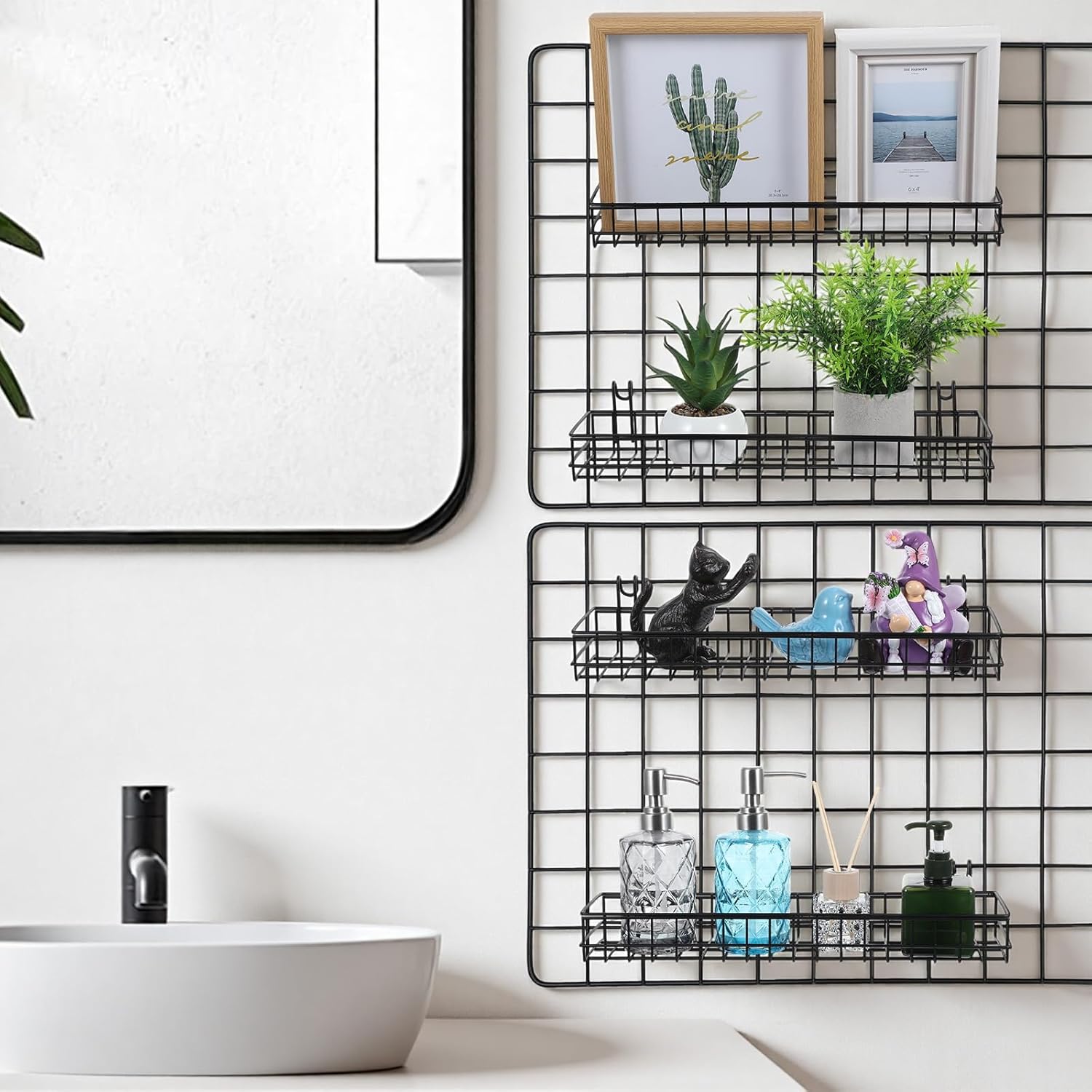 4 Pcs Black Metal Grid Wall Baskets with Hooks, Hanging Wire Storage Organizer Shelf for Kitchen Bathroom Office, 15.75 x 3.94 x 1.97 Inch