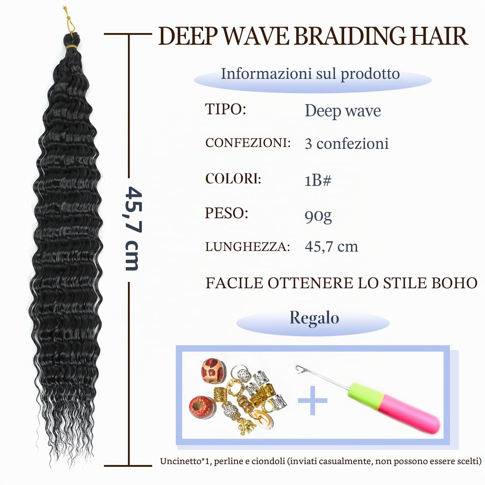 Deep Twist cheveux Hair Extensions Ocean Wave Braiding Crochet Hair Soft Synthetic Curly Bohemian Braiding Crochet Hair for Black Women (18 inch (pack of 3）, 1B)