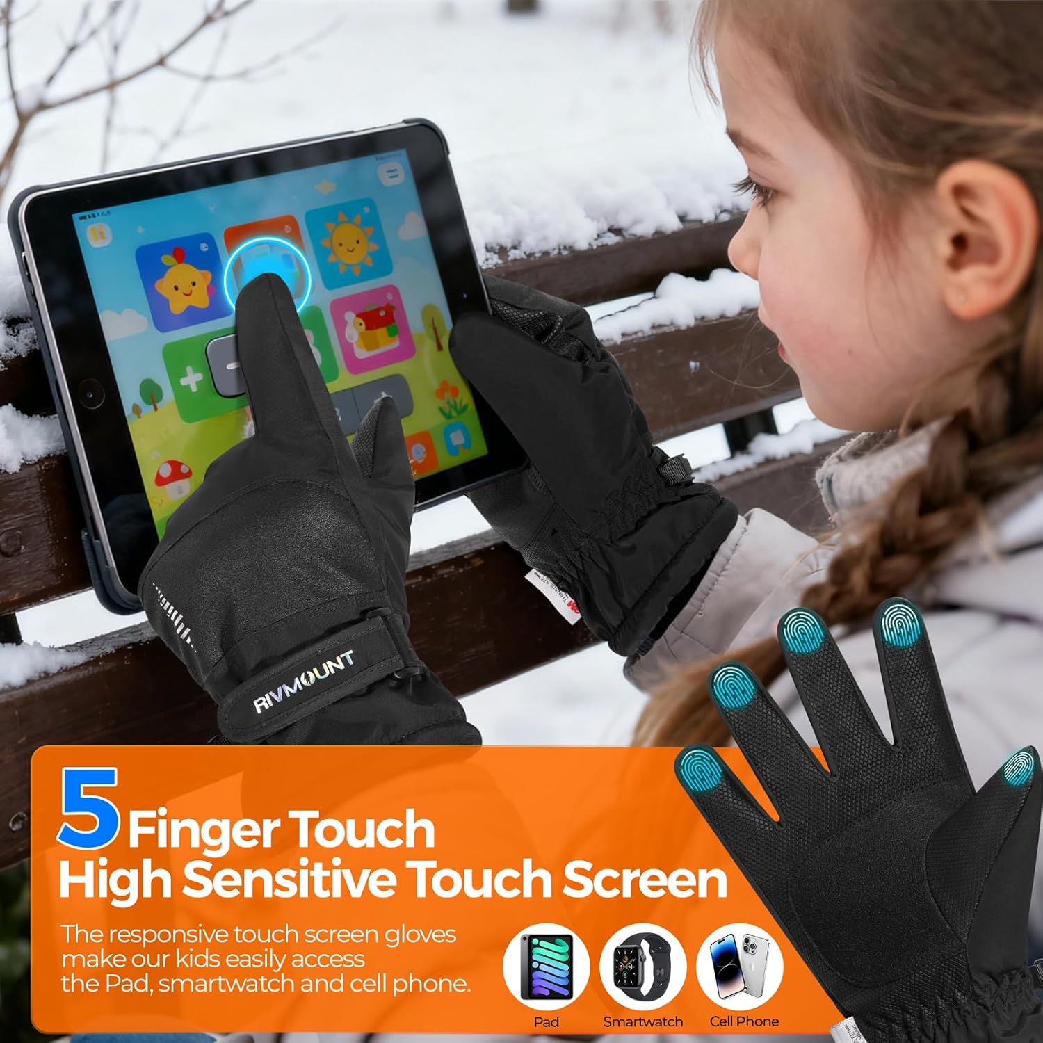 rivmount Kids 3M Winter Ski Snowboarding Snow Gloves Warm Thermal Waterproof Windproof Touchscreen for Boys Girls in Cold Weather - Image 2