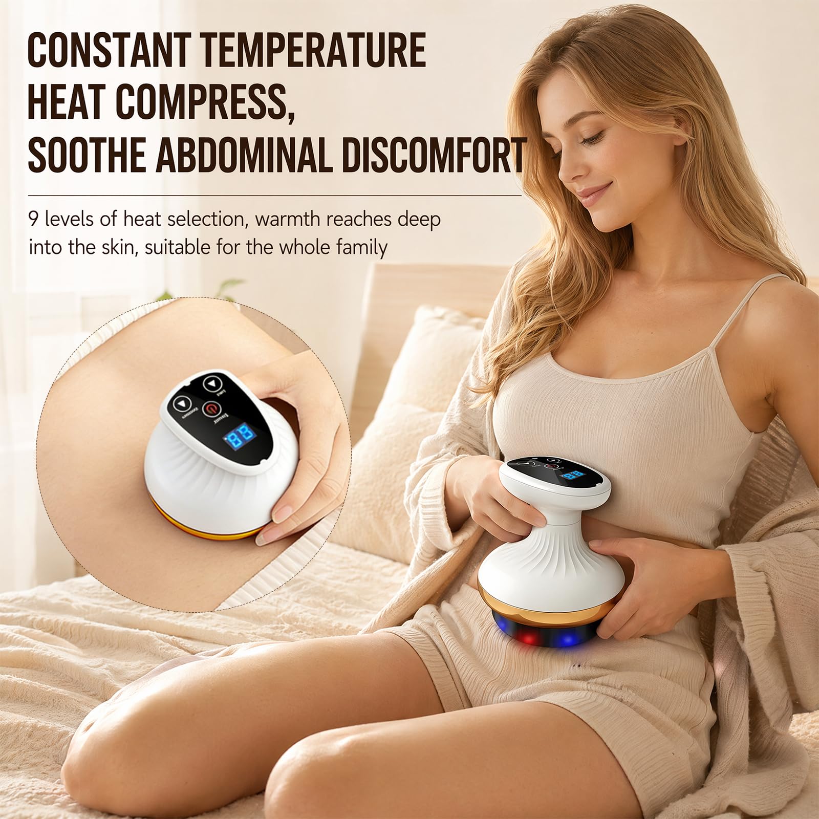 Vacuvia Cellulite Massager, Massagegerät mit Wärmetherapie, Gua Sha Elektrisch, Rotlicht & Blaues Licht, 9 Heizstufen+9 Saugstufen, Durchblutung, für Bauch, Taille, Arme, Beine, Gesäß