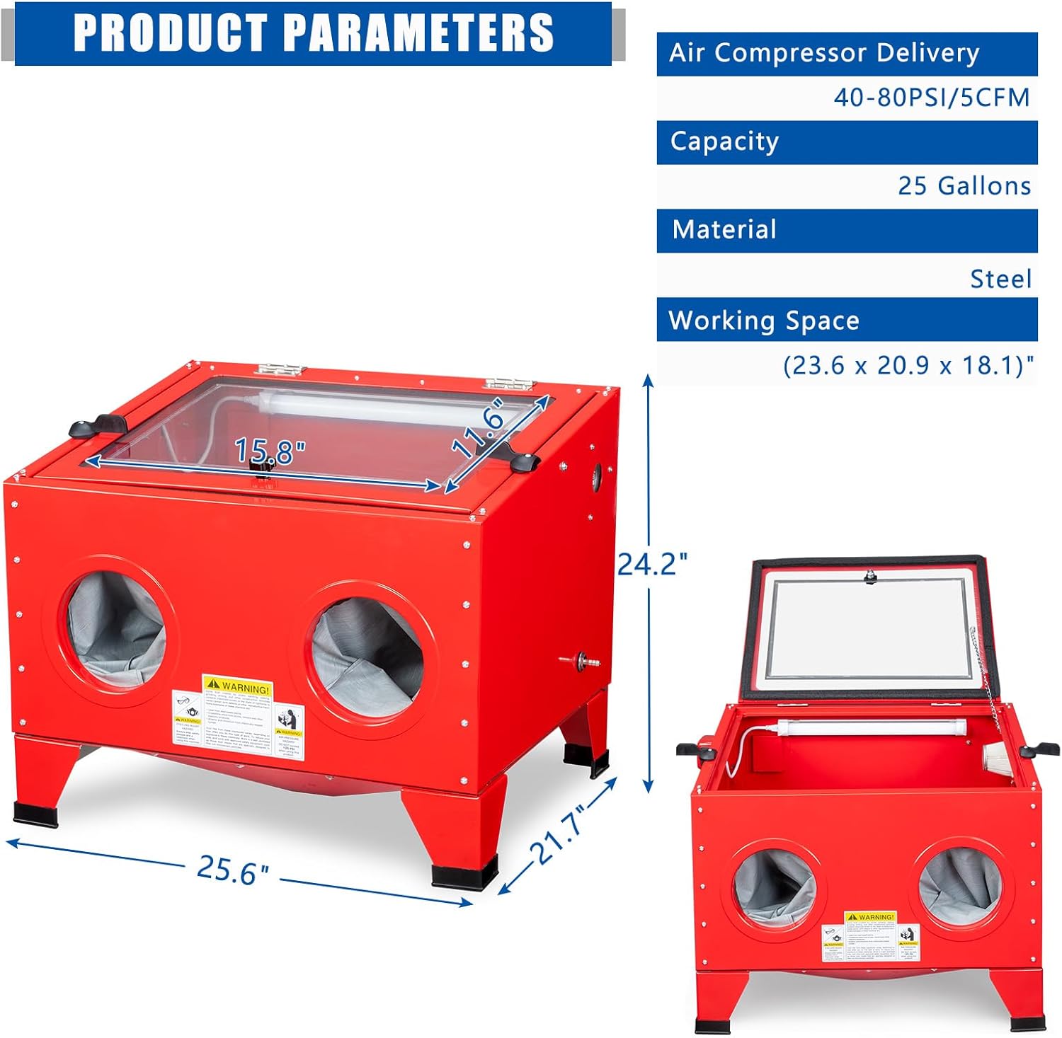 25 Gallon Sandblasting Cabinet, 40-80 PSI Power Air Sandblasting with Blasting Gun & 4 Nozzle for Stain, Removal, Paint,Heavy Duty Steel Bench Top Sand Blaster