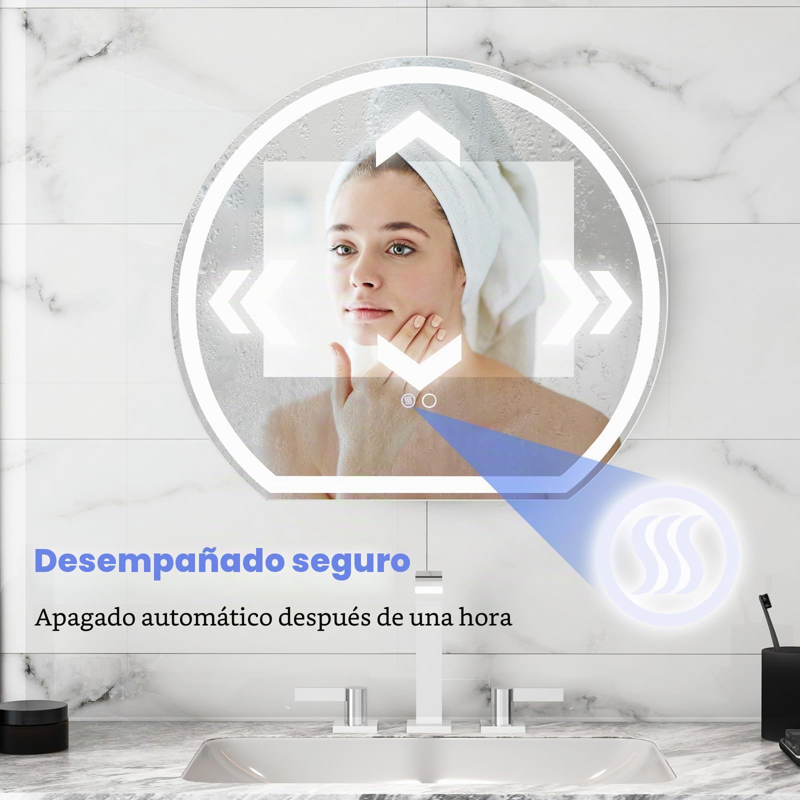 FANTASK Espejo de baño LED con iluminación, antivaho, Espejo de Pared Regulable con Interruptor táctil y función de Memoria, Espejo Colgante LED para baño, 60 x 54 cm, Color Plateado