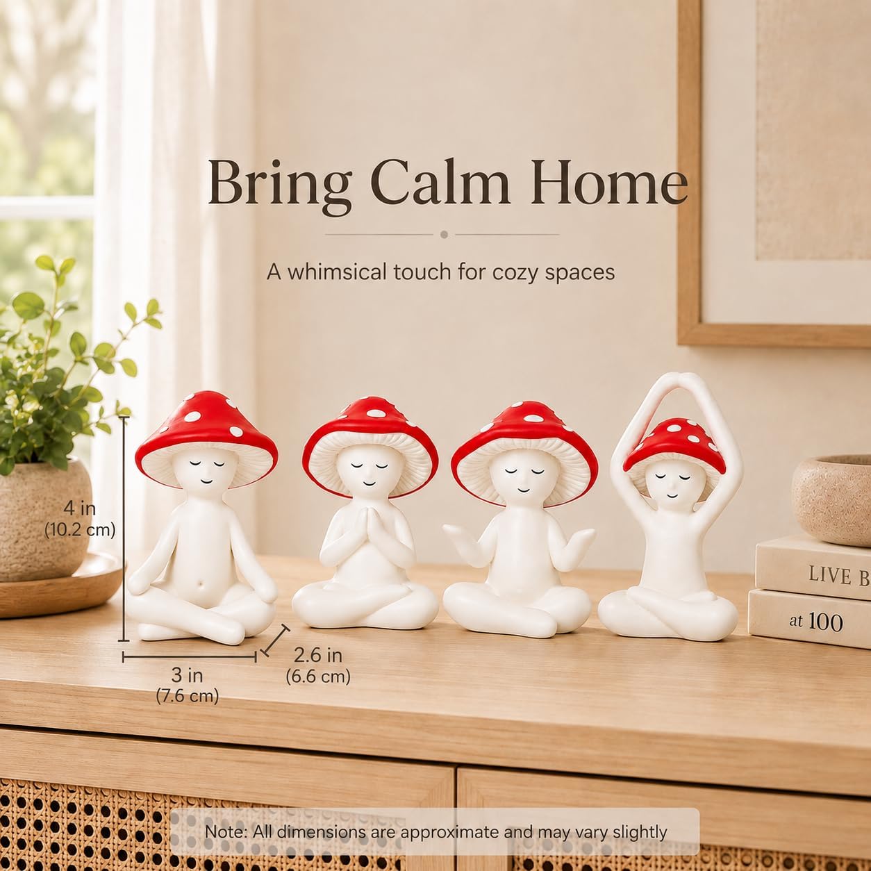 4Pcs Meditation Mushroom Statue Yoga Mushroom Figurine Tabletop Decor for Home Shelf Office Coffee Table Garden Yard Patio Mushroom Meditation Sculpture Gift for Women Friends Mom Decoration