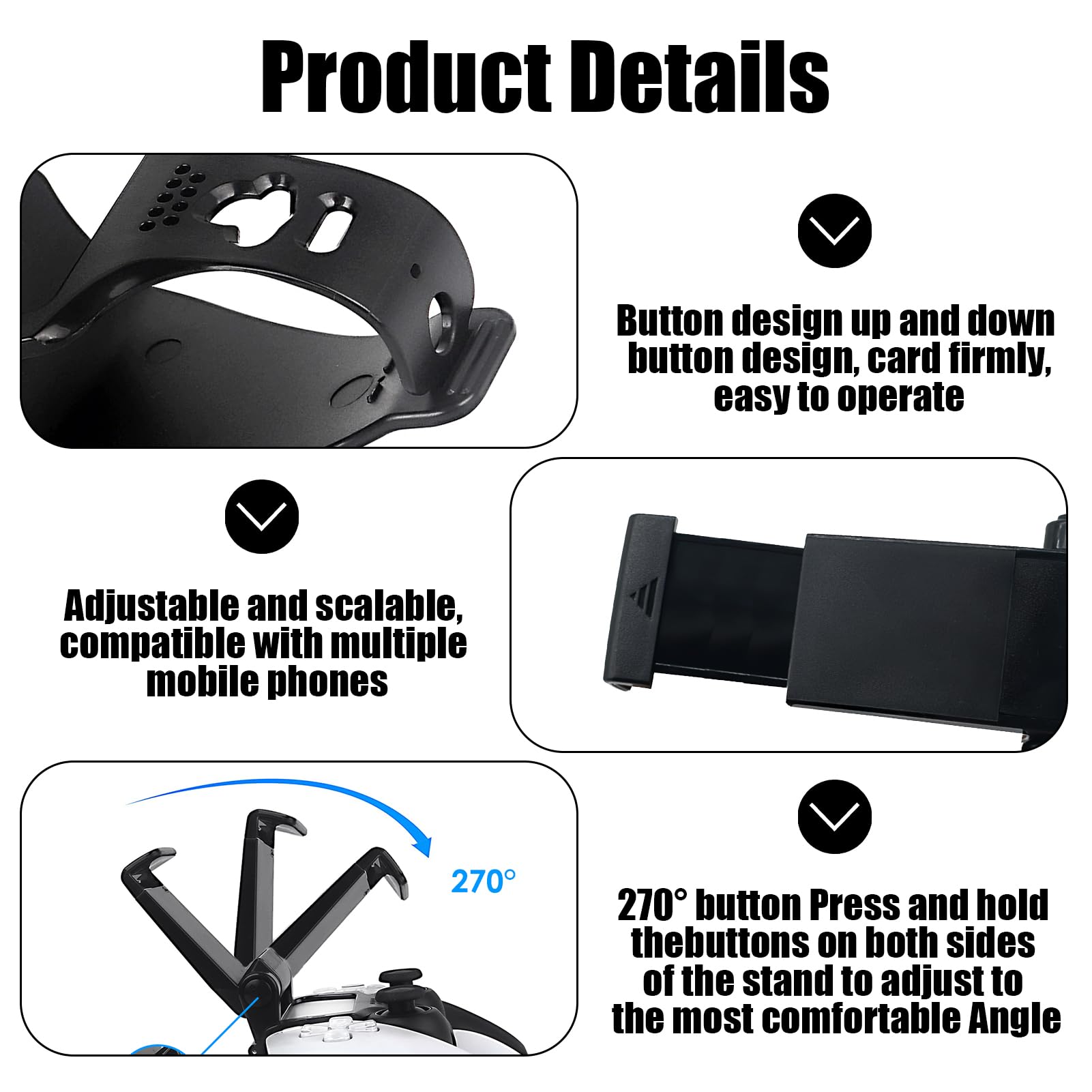 Support Téléphone Portable Manette Pliable, Support Clip pour PlayStation 5 DualSense Controller, Clip Pliable Angle Vue Ajustable, Compatible avec Smartphones- Noir(Manette Non Incluse)
