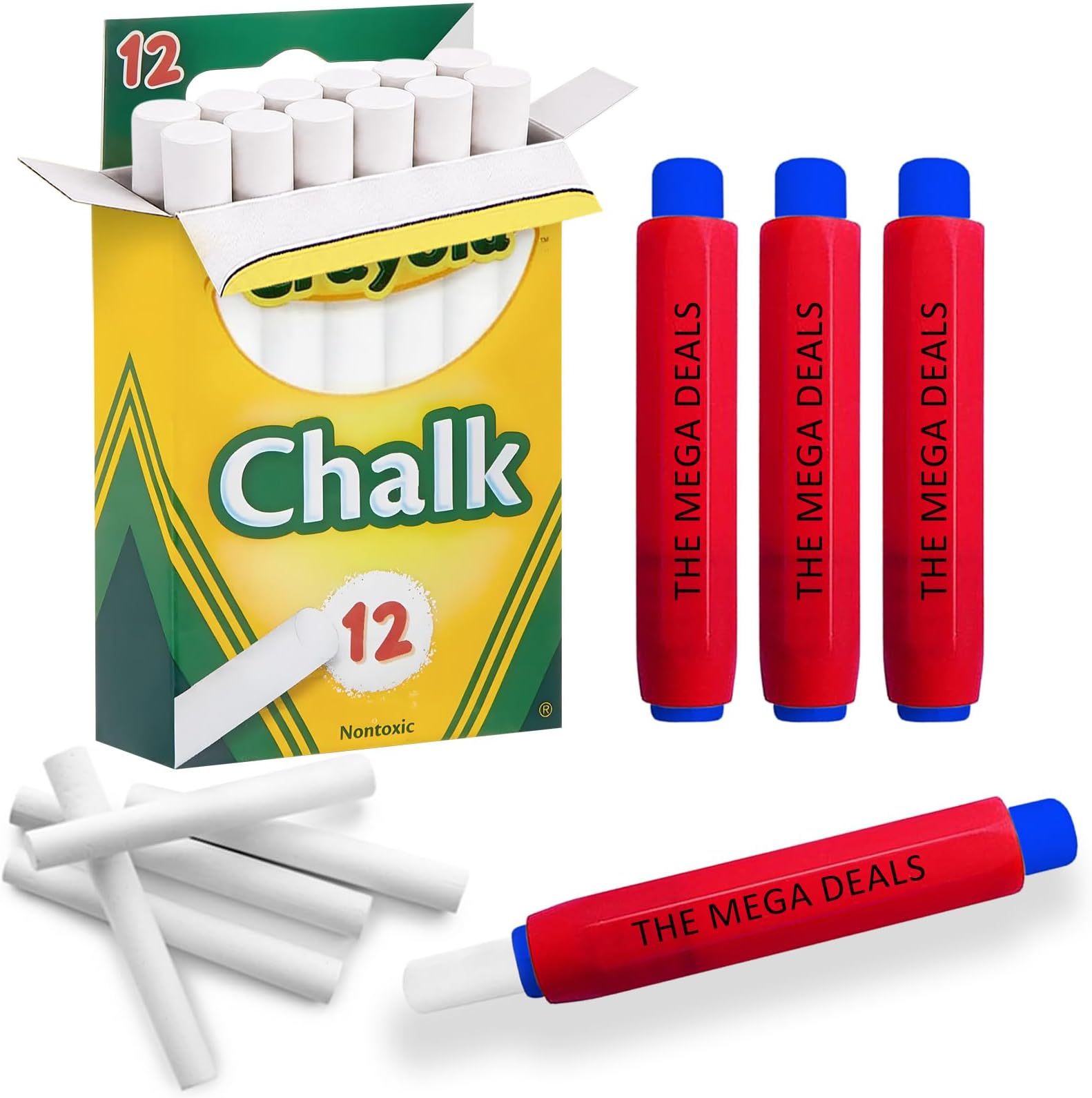 Chalkboard Chalk 12 Pack White Chalk, Thin Chalks for Chalkboard with 5 Chalk Holder, Non Toxic Chalks for Kids Great for School and Home Gifting Bundle