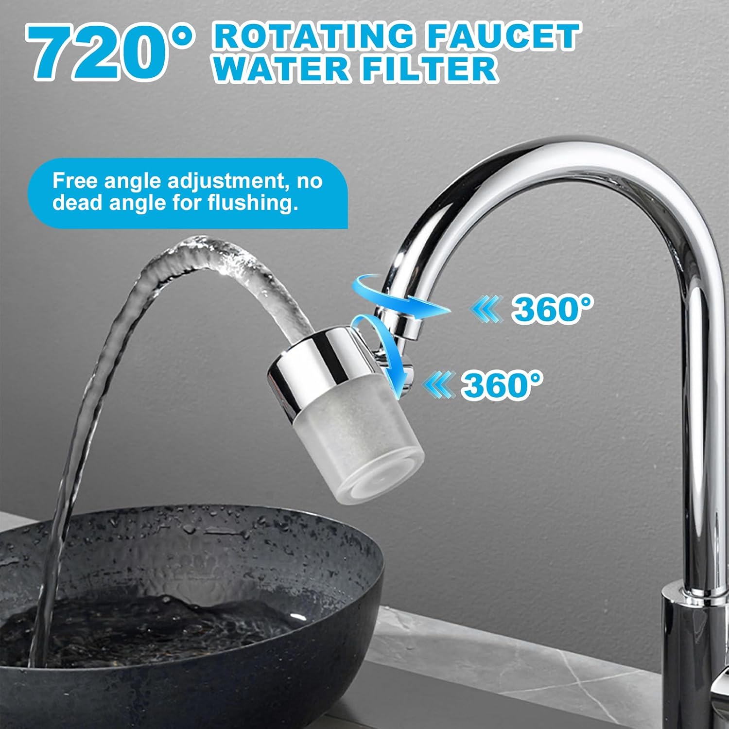 Water Filter for Faucet, Universal 720° Rotating Water Purifier with Adapter Kit for Kitchen & Bathroom Sink, 2 Spray Modes, Reduces Chlorine & Impurities - Check Size for Fit!