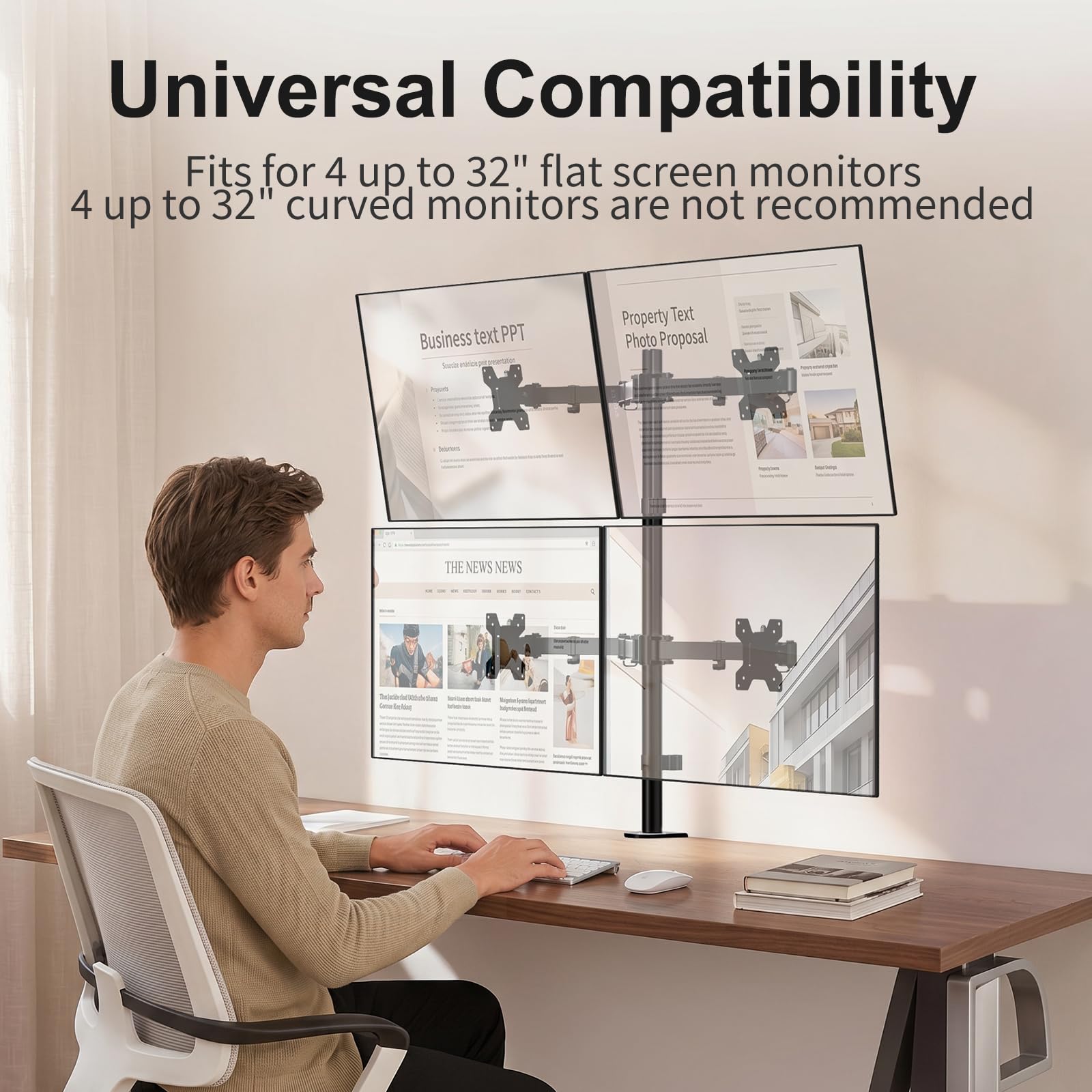 WALI Supporto da scrivania per 4 monitor, adatto a schermi di computer pesanti fino a 27", braccio completamente regolabile per monitor fino a 10 kg per braccio (M004), nero