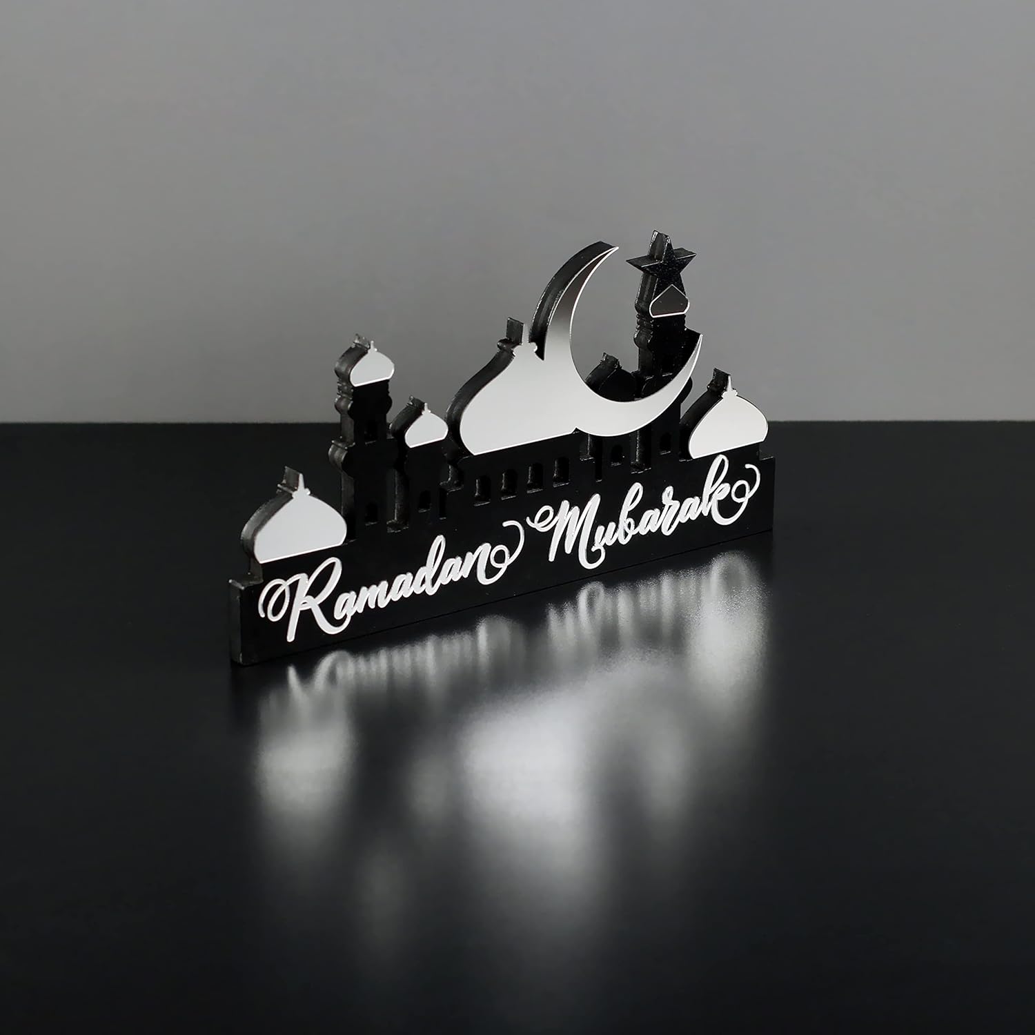 IWA Concept | Wooden Acrylic Islamic Tabletop Decors | Ramadan Kareem and Eid Mubarak Decoration | Islamic Muslim Gifts | Ramadan Eid Decoration | (Ramadan Mubarak, Silver)