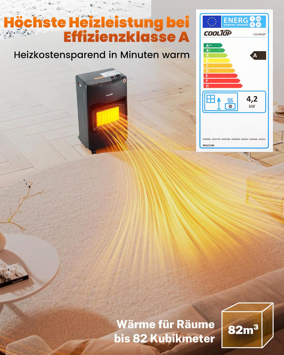 Cooltop 4200W Keramik Gasheizer, Gasheizung Für Innenräume, Heizstrahler Gas Für Butan-oder Propangasflaschen bis 15kg, Ohne Gasflasche, inkl. Druckregler, Gasschlauch (Schwarz)
