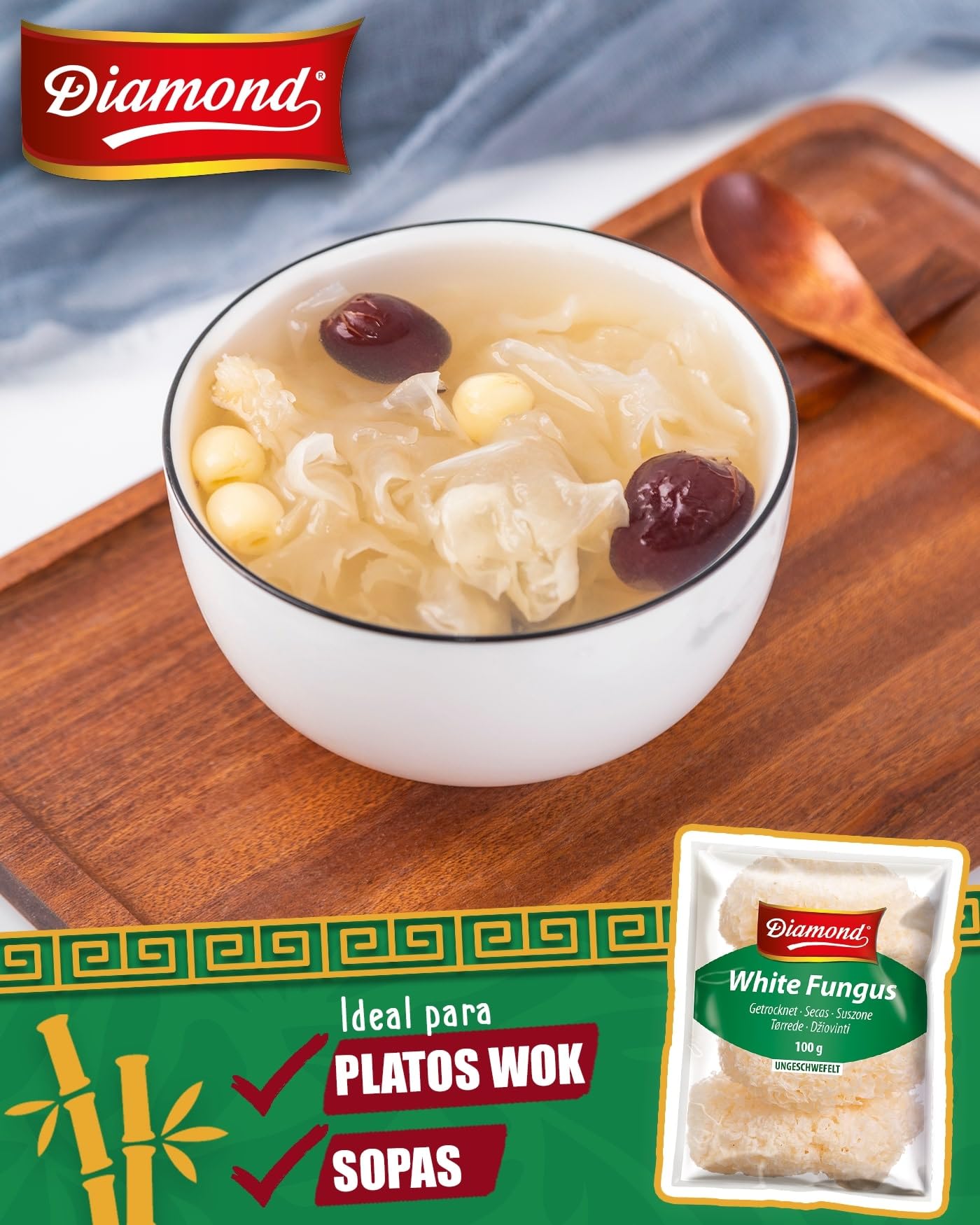 DIAMOND Setas White Fungus (Hongo blanco), setas secas asiáticas para sopas y platos wok - 5 x 100 g