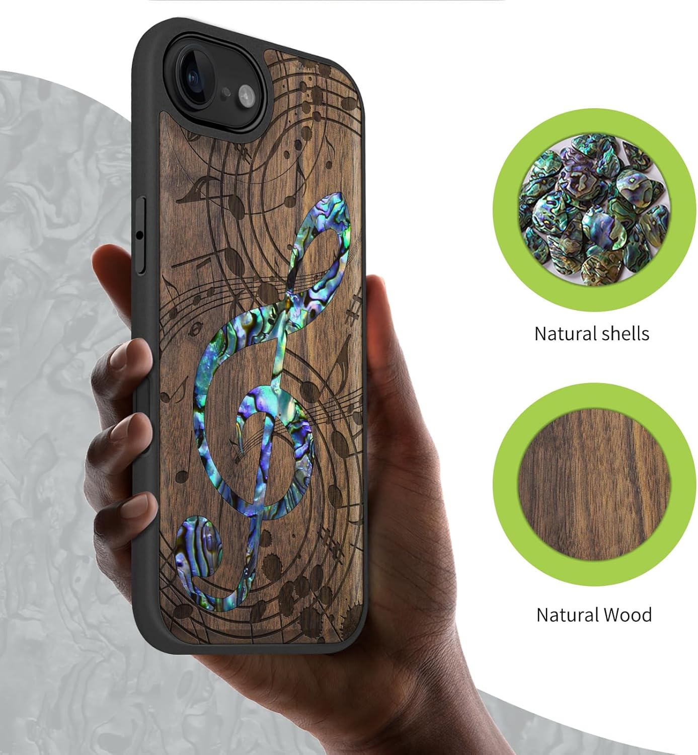 Carveit Magnetic Wooden Case for iPhone 16e / 17e, Wood Artisan Engraved & Handmade Shell Inlaid, TPU Shockproof Cover, Compatible with MagSafe Wireless Chargers, Musical Note - Walnut