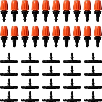 VooGenzek 20 Pieces Adjustable Micro Spray Spotlights and 20 Pieces T Connectors for 4/7 mm Drip Hoses Garden Misting Irrigation System Drip System Irrigation Sprinkler for Garden Orange