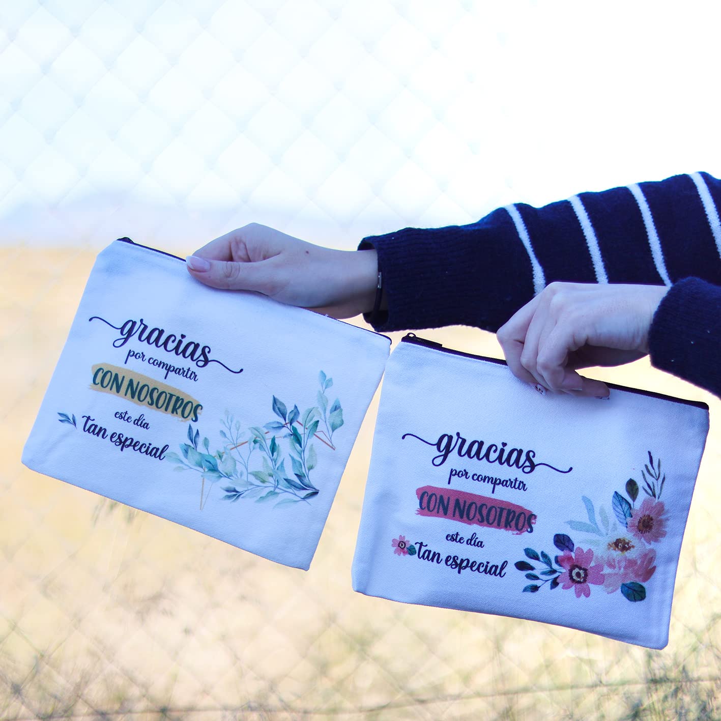 Pack de 12 a 36 uds | Neceser Frase Agradecimiento Invitados | Estilo Natural con Cremallera | 23 x 18 cm | Regalo Boda | 2 Diseños, No Personalizable | Regalantes (24, Flor)