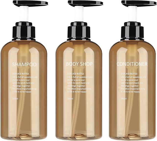 HANQIAN 3pack Empty Shampoo Bottles, 500ml Plastic Soap Dispenser with Lotion Pump Refillable Conditioner Body Wash Squat Containers Set for Bathroom Shower Toilet (Yellow), 7x7x18cm