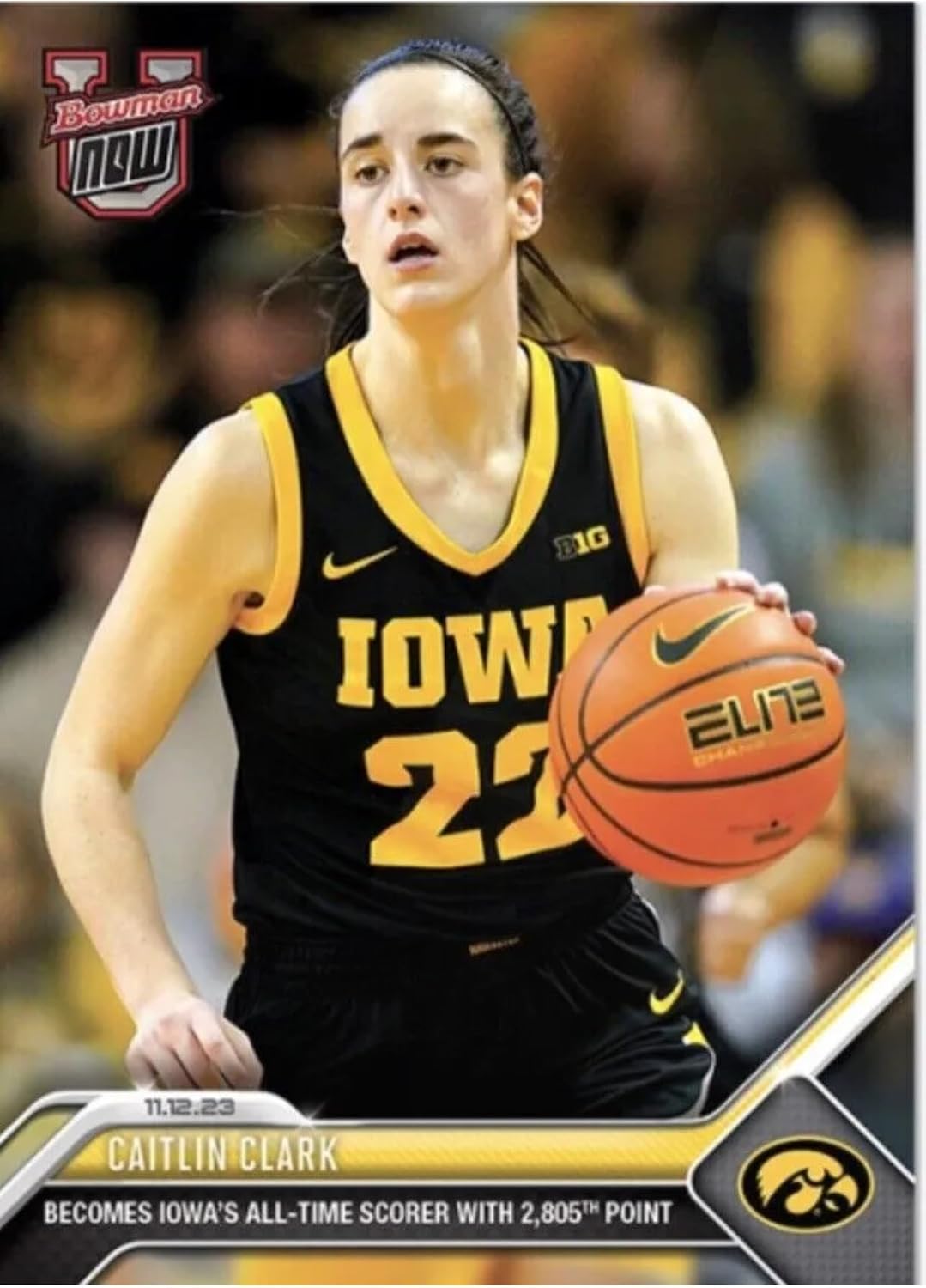 2023 Bowman U Now Caitlin Clark #4 - Becomes Iowa’s All-Time Scorer with 2805th Point - 11/9/23 - Women’s Basketball Trading Card- University of Iowa Lady Hawkeyes. Stated Print Run of Only 2082 Made! Card Shipped in Protective Screwdown Holder.