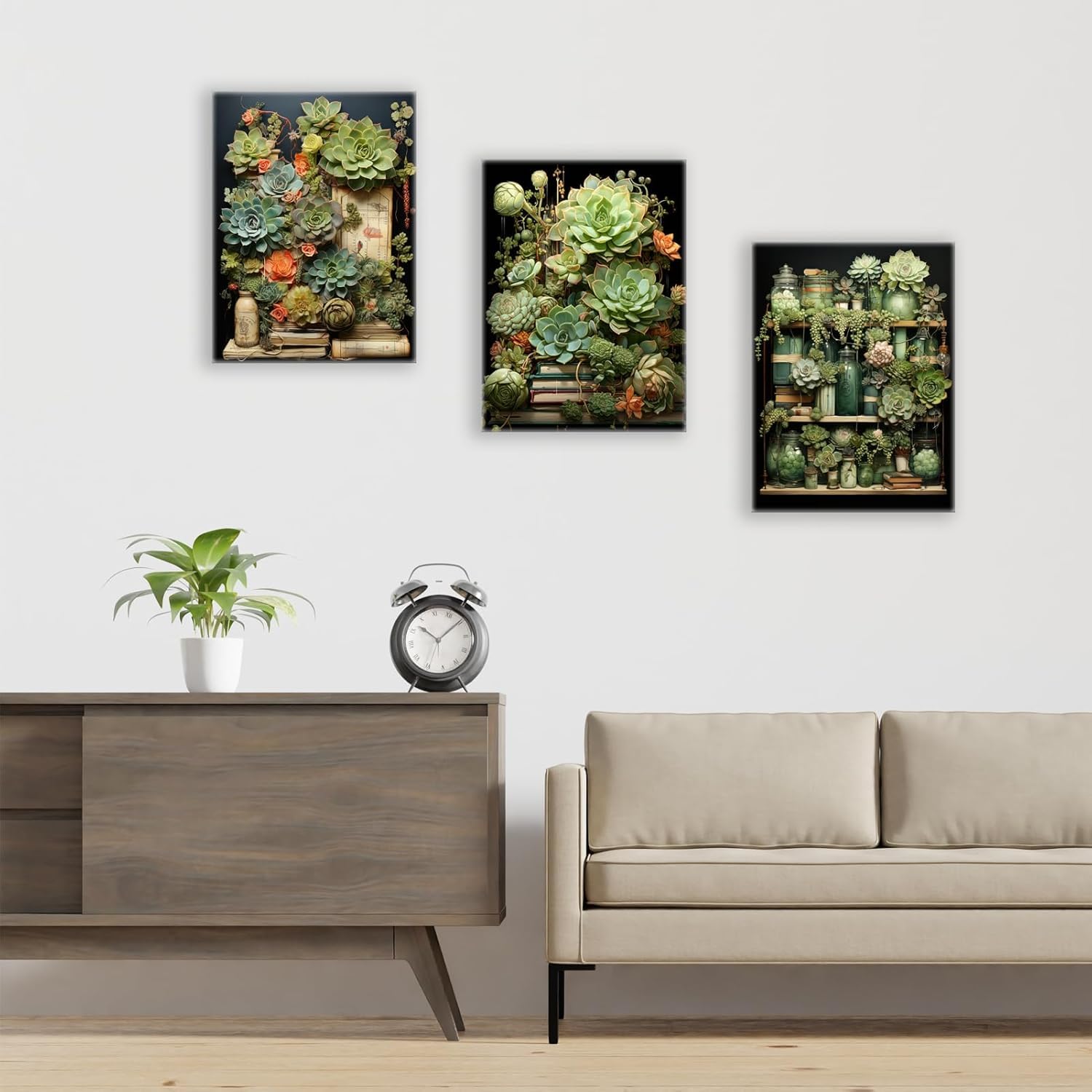 lianyibo Zestaw 3 obrazów z sukulentami, obrazy na płótnie, zielone rośliny, plakat z sukulentami do sypialni lub salonu (40 x 60 cm x 3 / bez ramki)