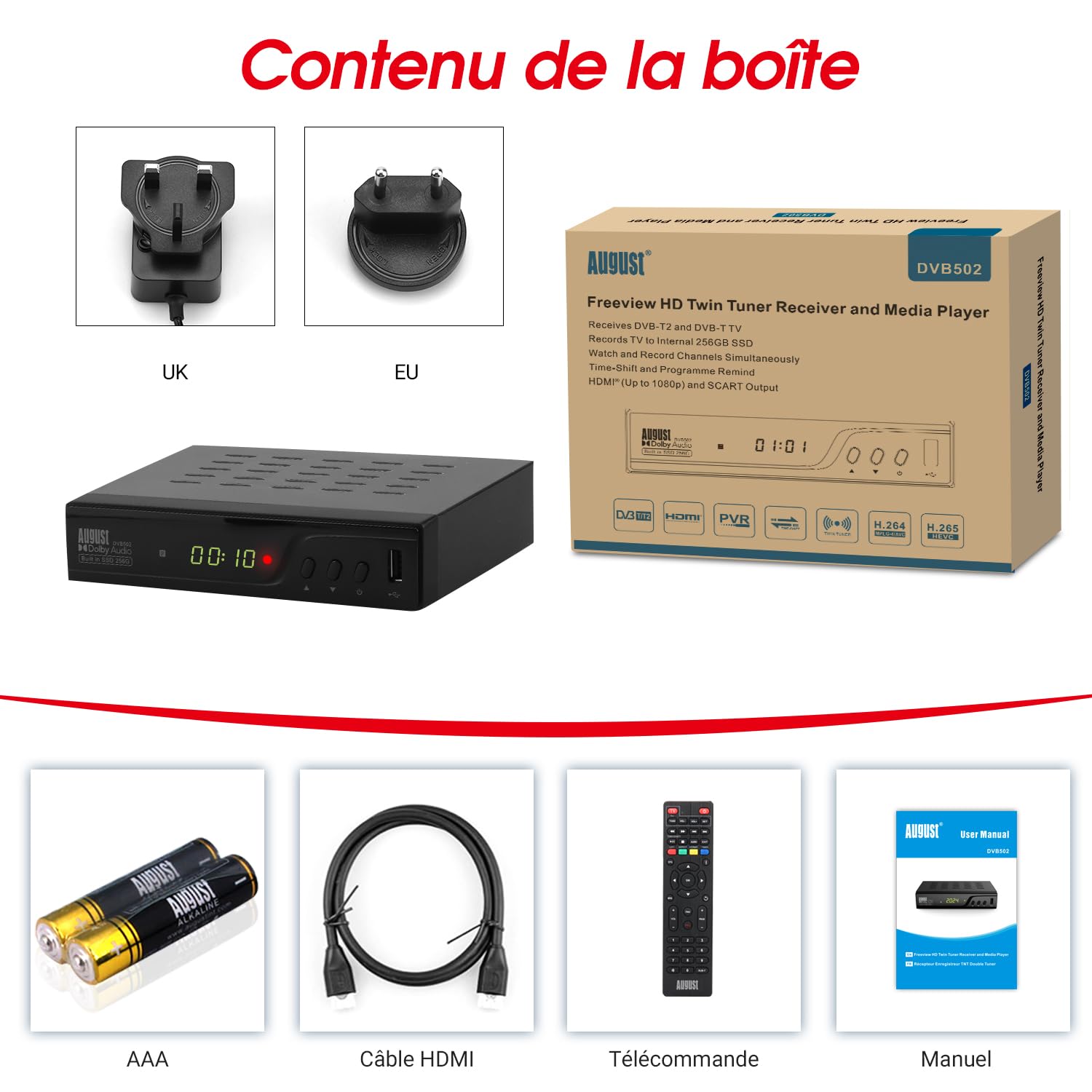 August DVB502 - Décodeur TNT HD avec Disque Dur de 256GB - TNT HD Double Tuner pour Regarder et Enregistrer simultanément, Guide TV sur 7 Jours, HDMI 1080P, Timeshift et Contrôle du Direct