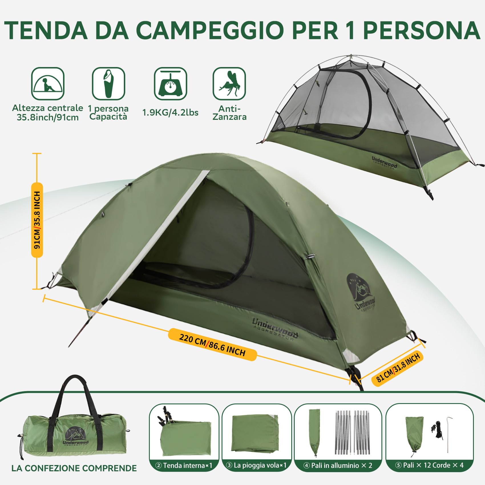 UnderwoodAggregator Tenda da escursionismo per 1 persona impermeabile leggera a cupola